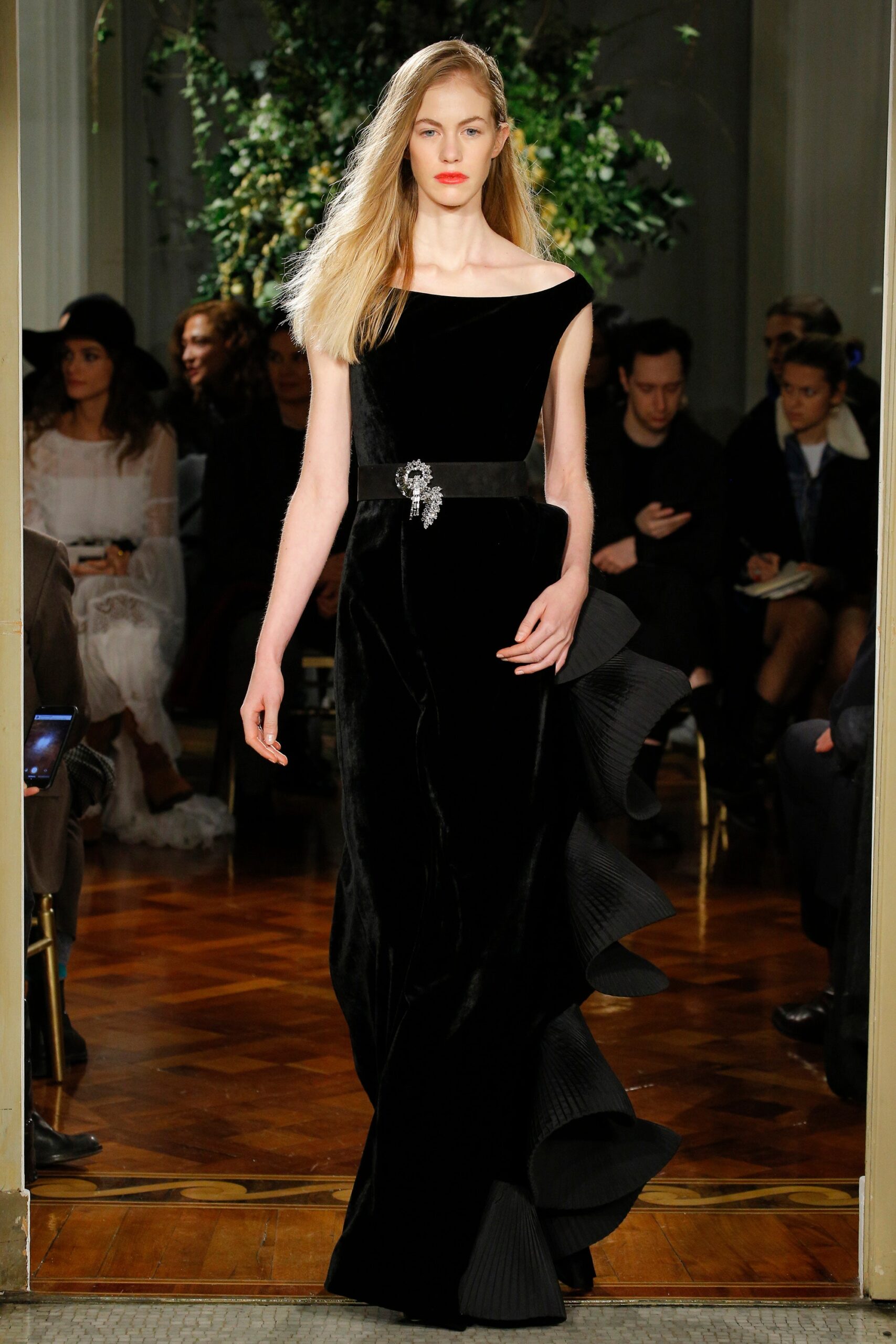 black velvet off-shoulder gown
