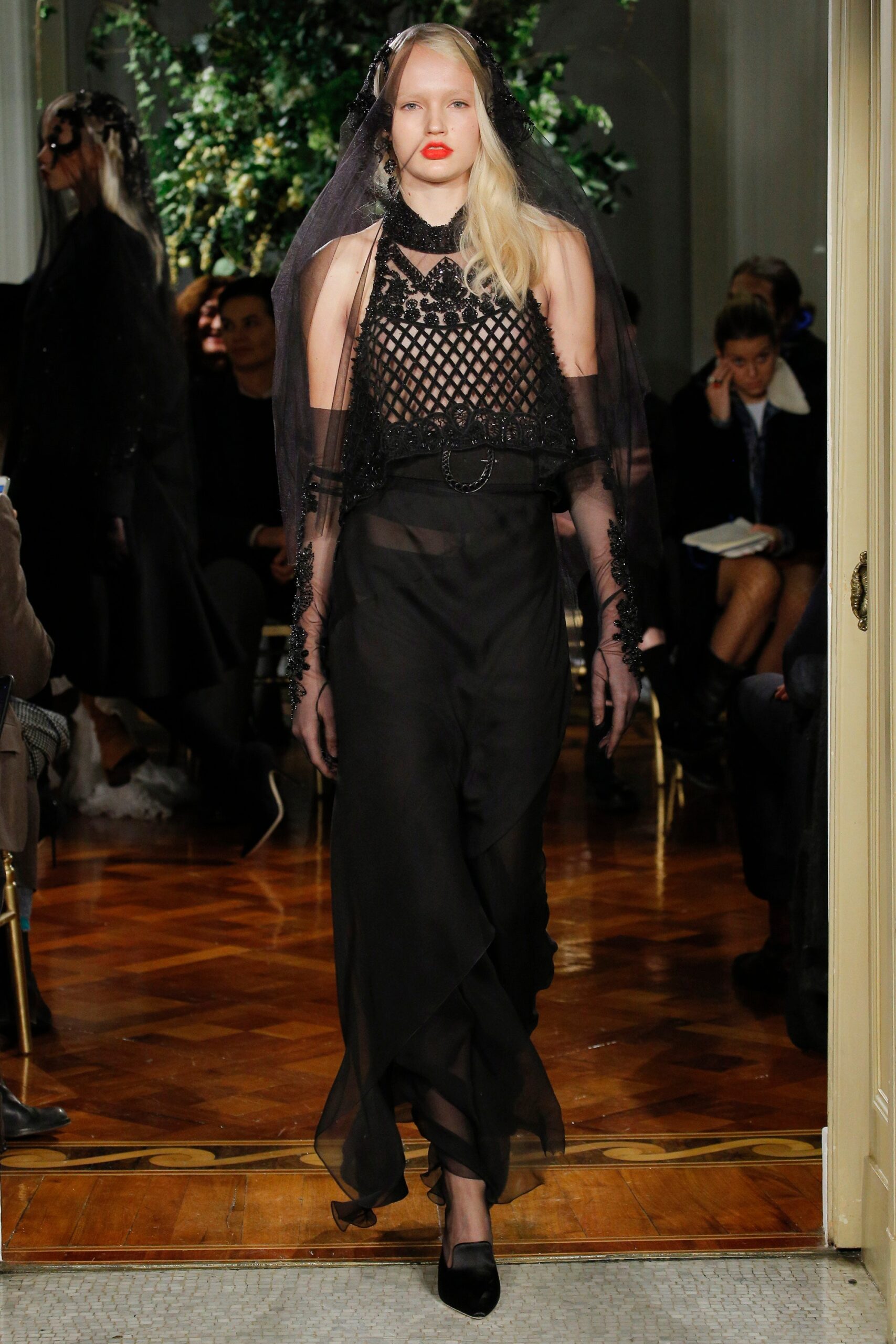 black lace top and silk pants