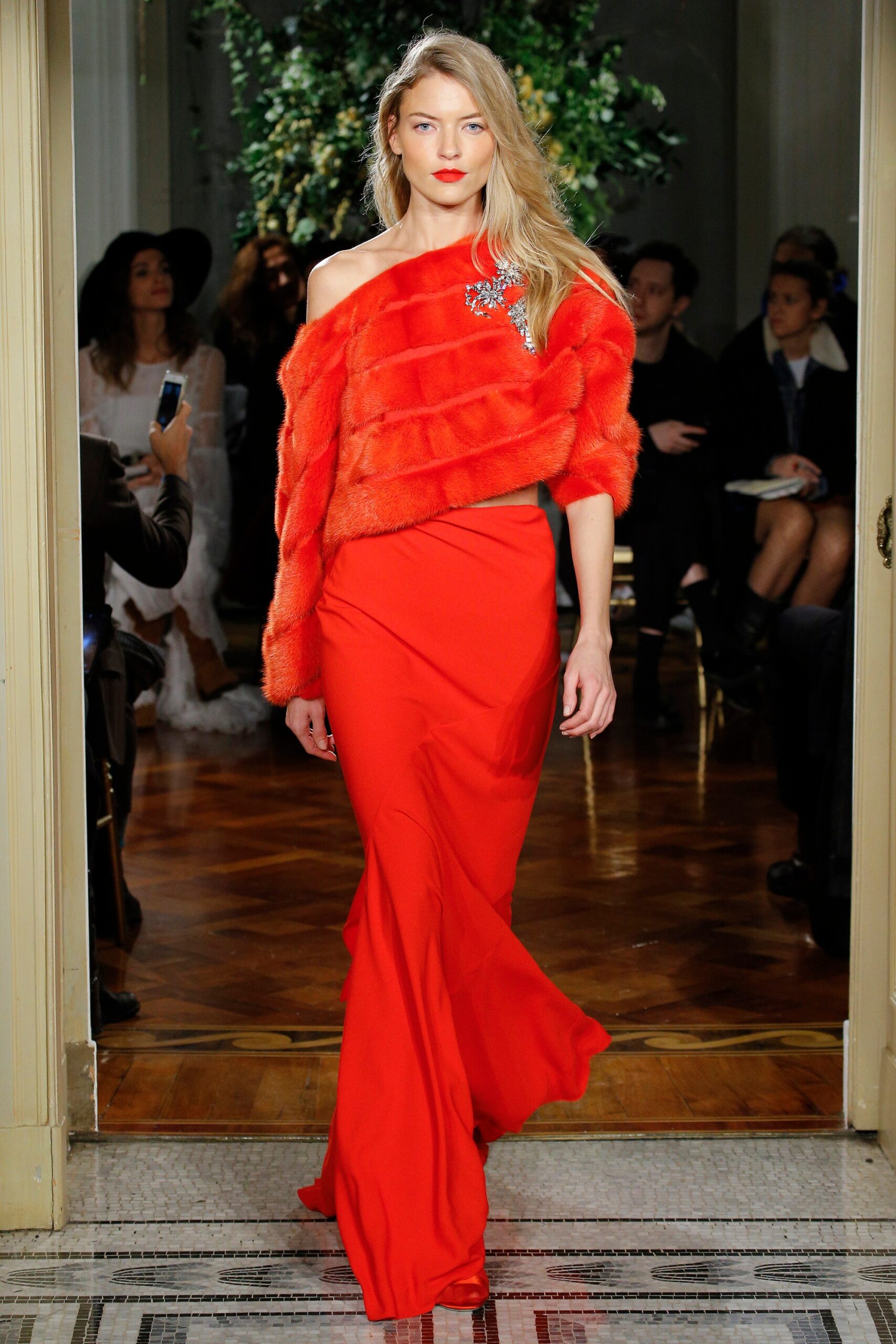 red silk fitted maxi dress with orange faux-fur cape