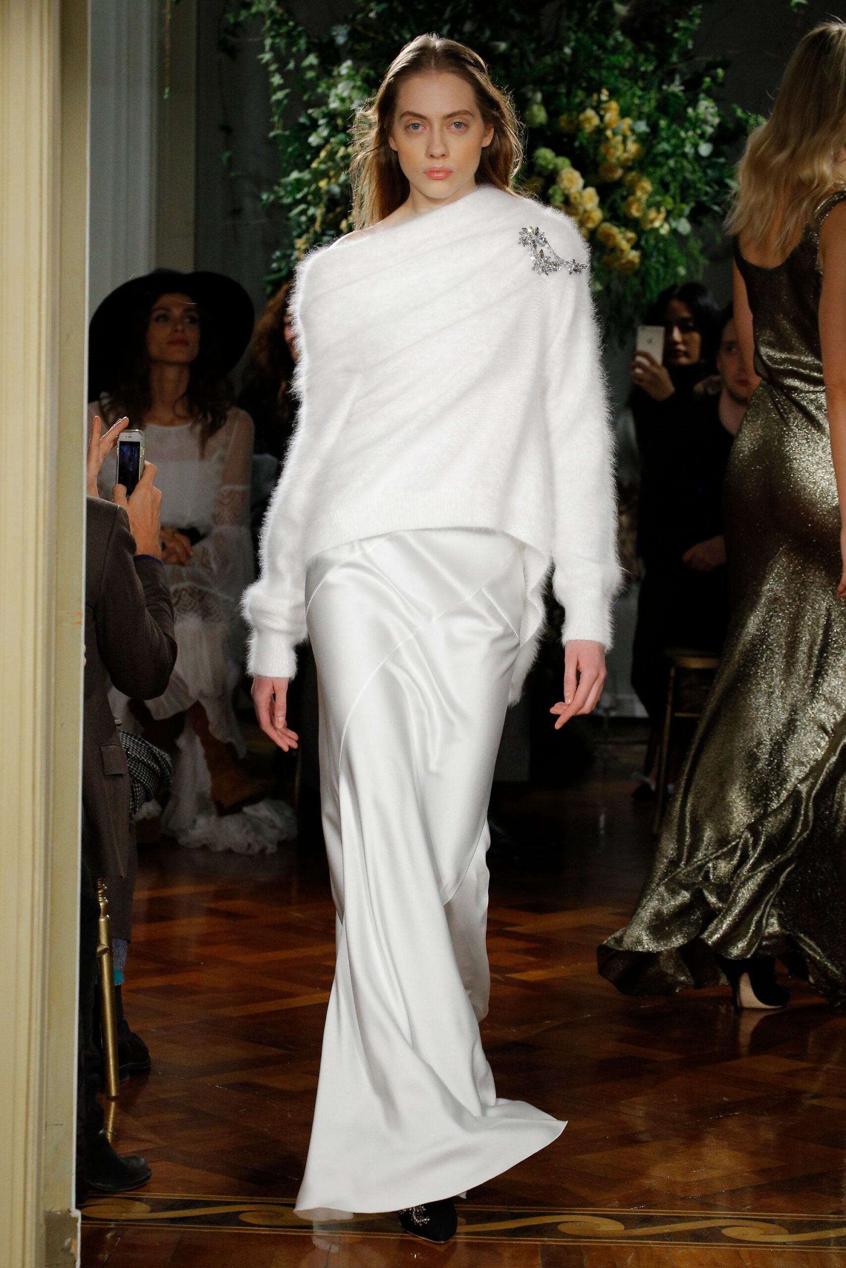 white wool long-sleeve asymmetric fitted draped sweater