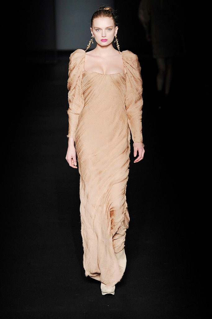 beige silk fitted gown