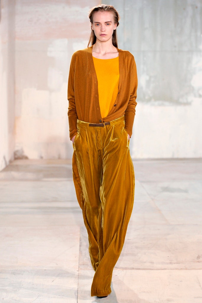 brown velvet cardigan with yellow top