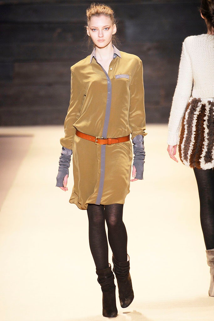 olive silk shirt-dress with boots