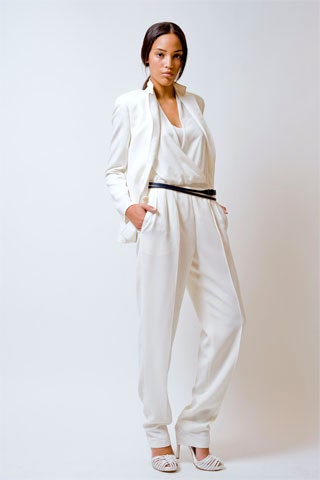 white silk fitted suit