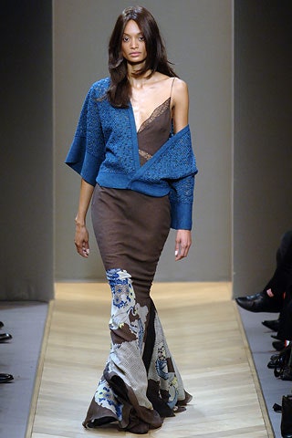 brown silk maxi dress with blue cardigan