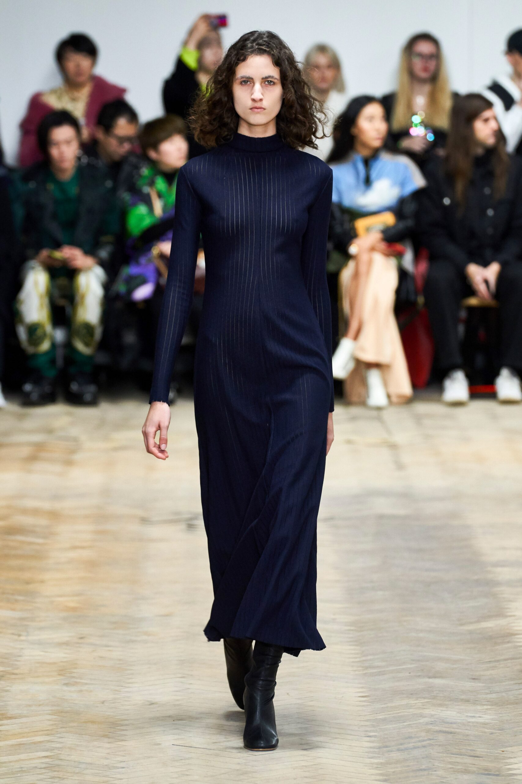 blue fitted long-sleeve dress