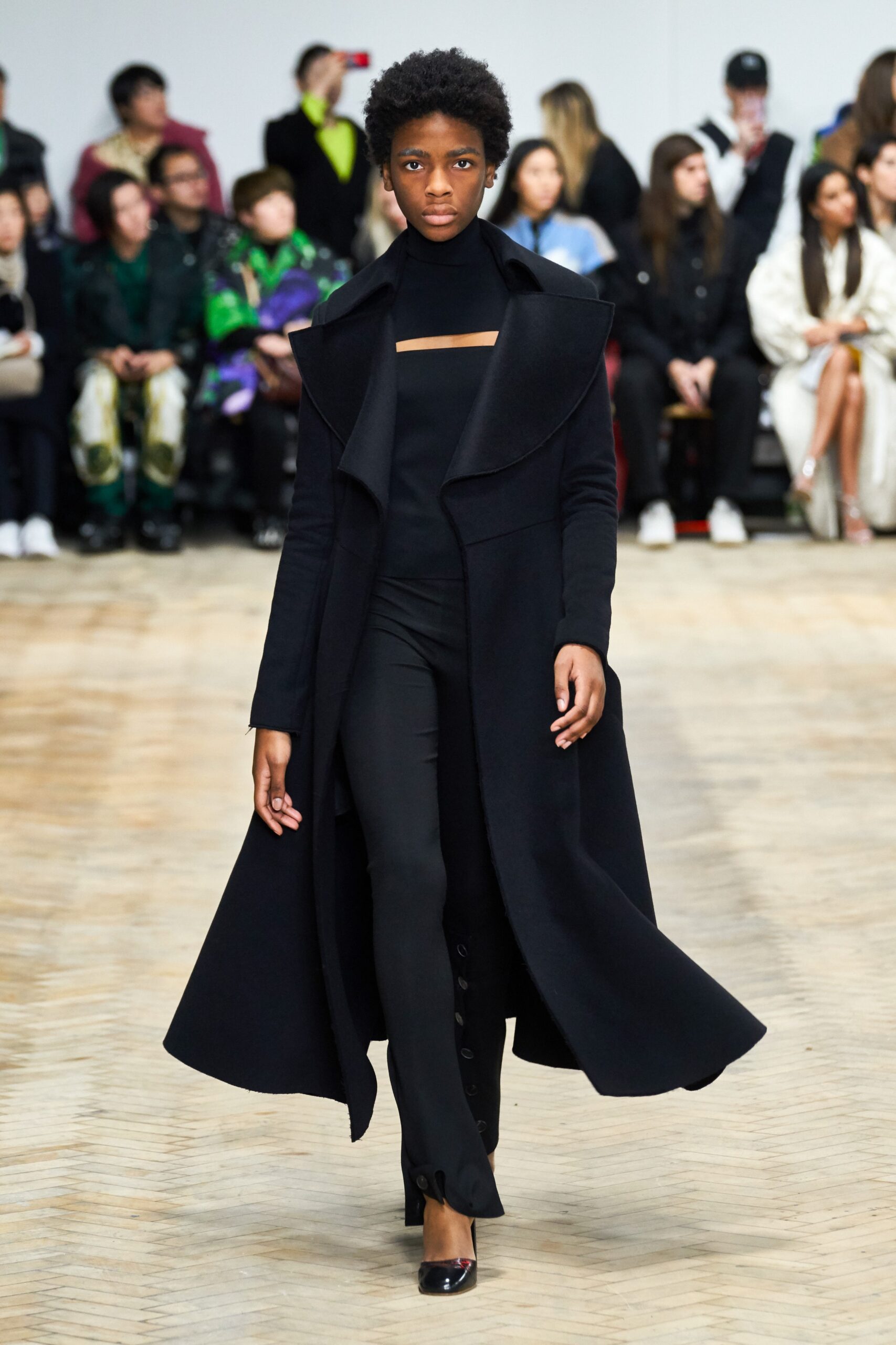 black wool long-sleeve collared fitted draped maxi coat