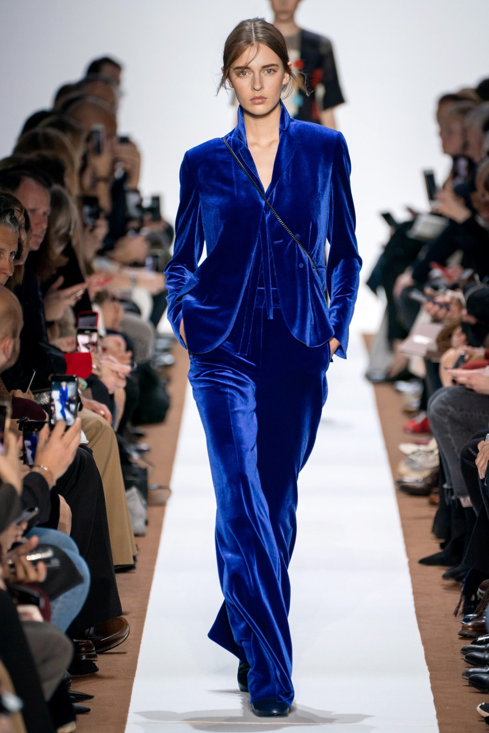 blue velvet long-sleeve collared tailored buttoned shiny suit