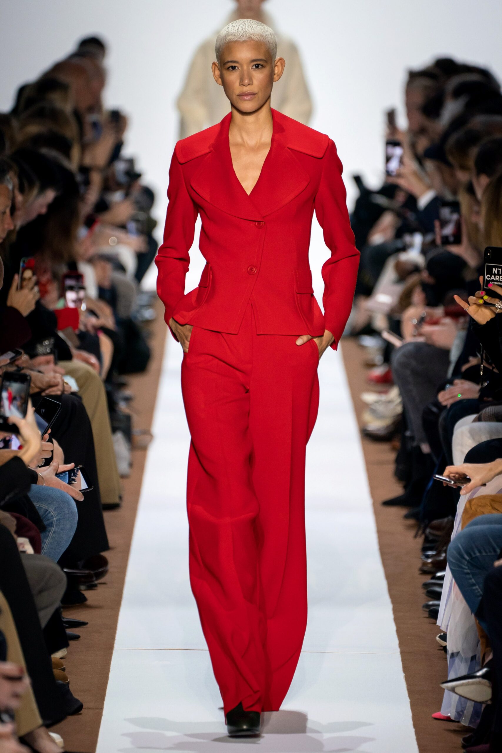 red tailored suit