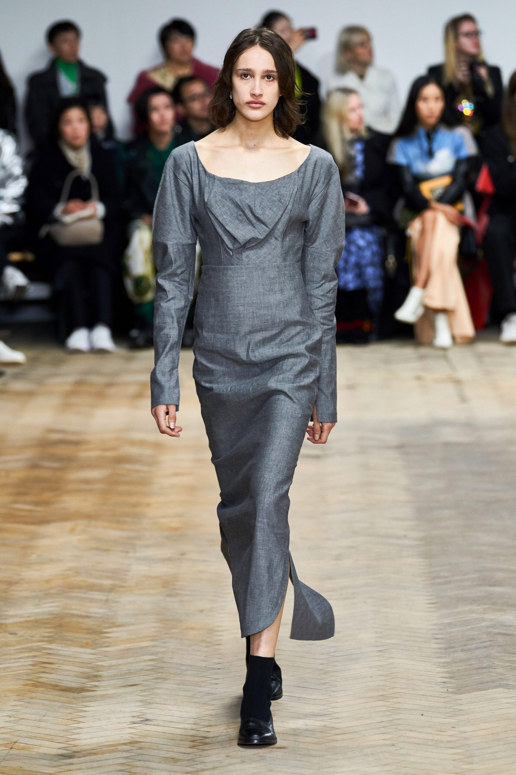 fitted gray cotton midi dress