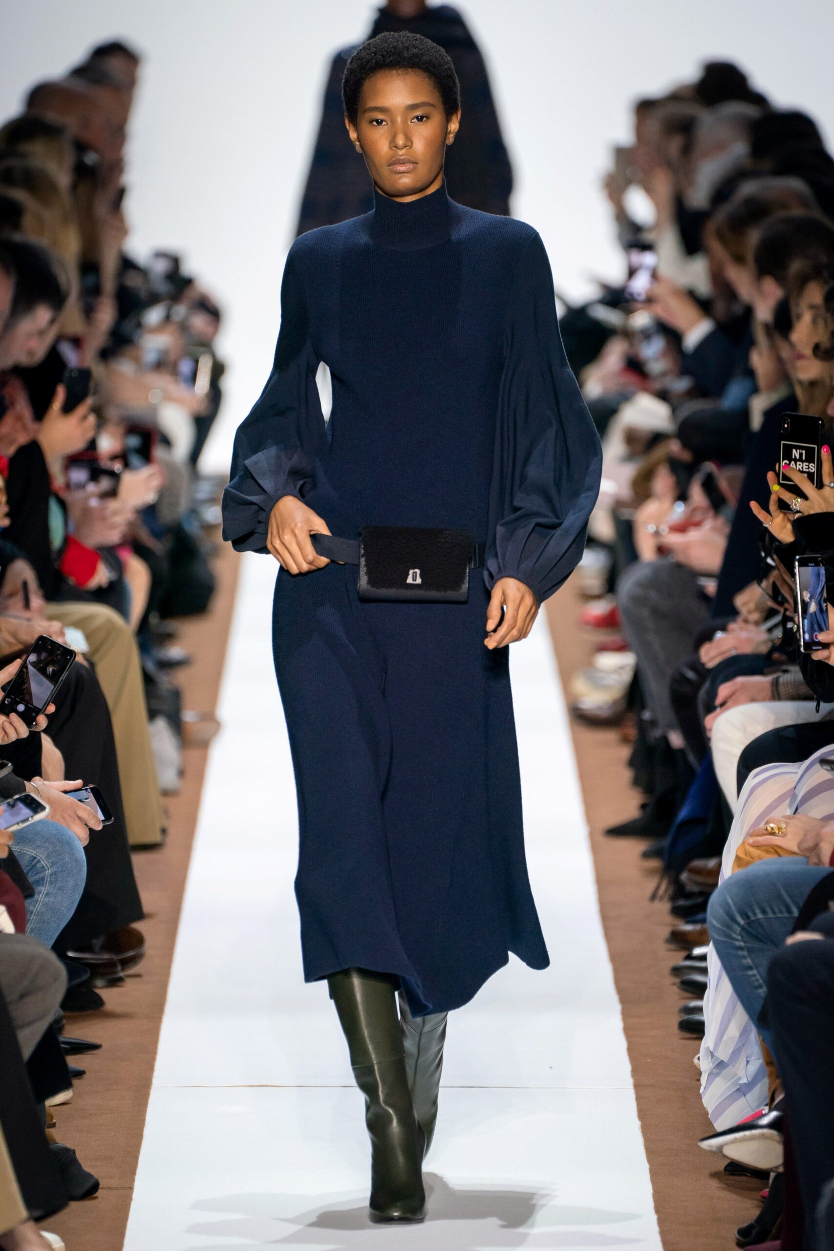 blue wool long-sleeve high-neck fitted straight-leg midi dress