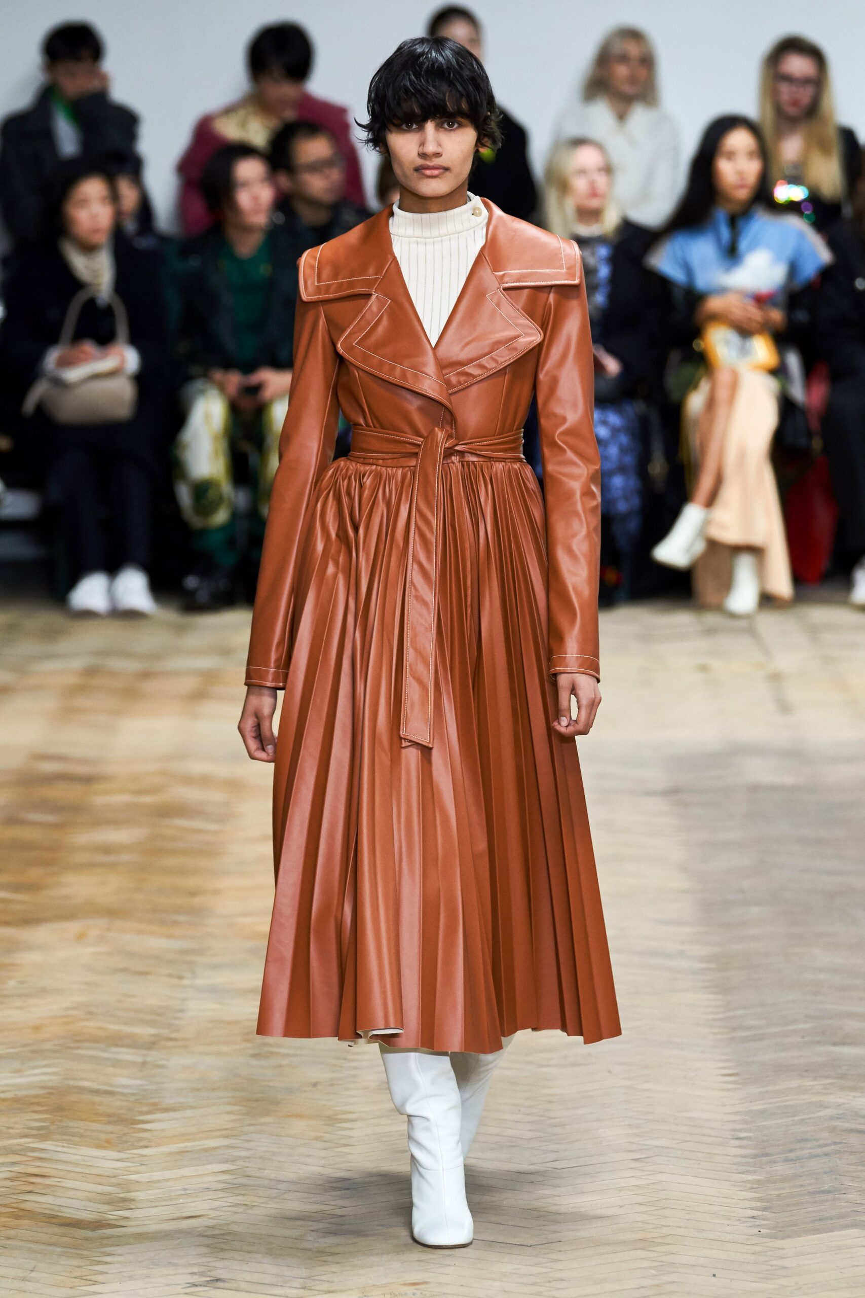 brown leather pleated midi dress
