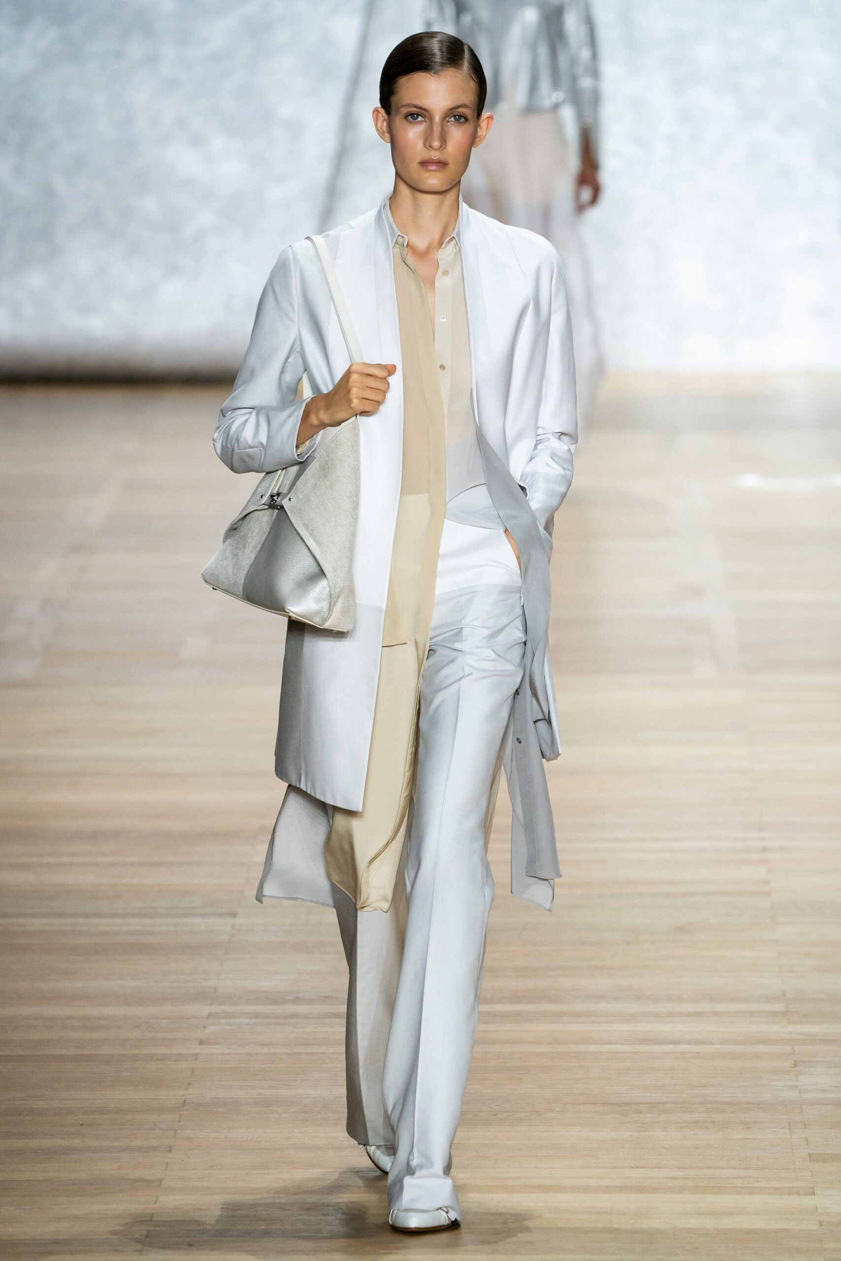 white silk coat with beige shirt