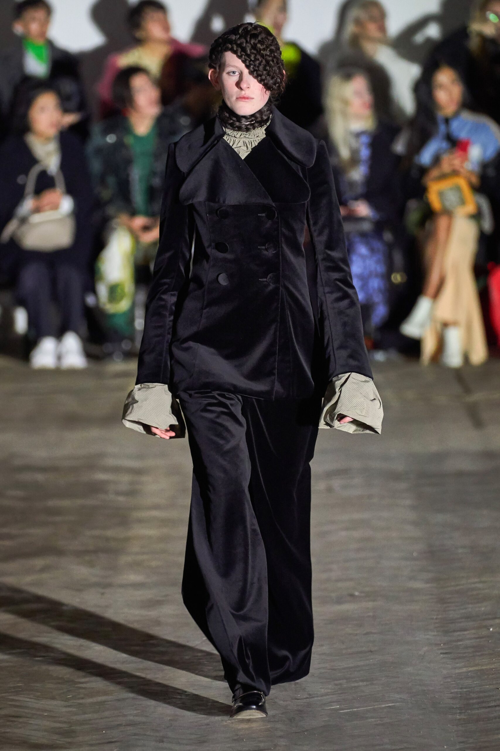 black velvet tailored suit with beige top