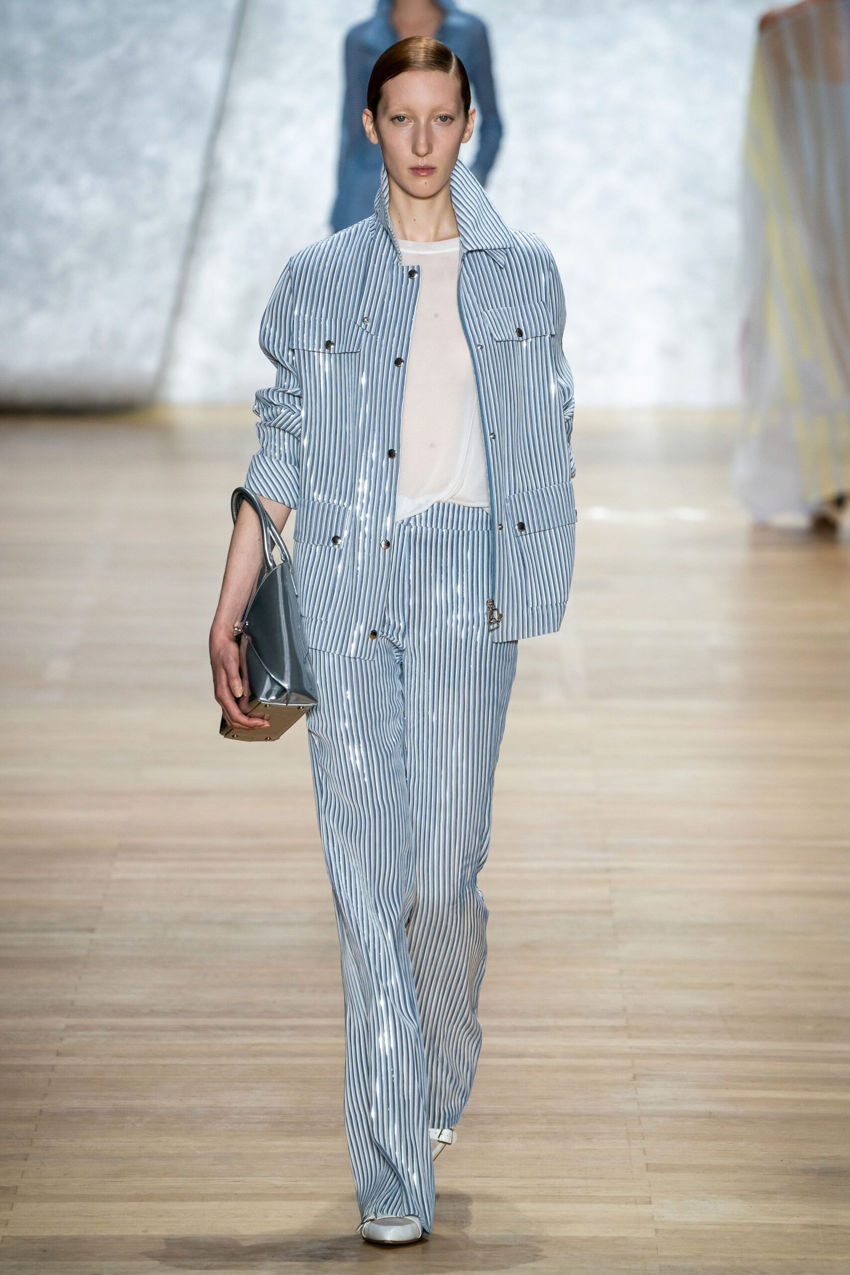 blue and white striped jacket and pants