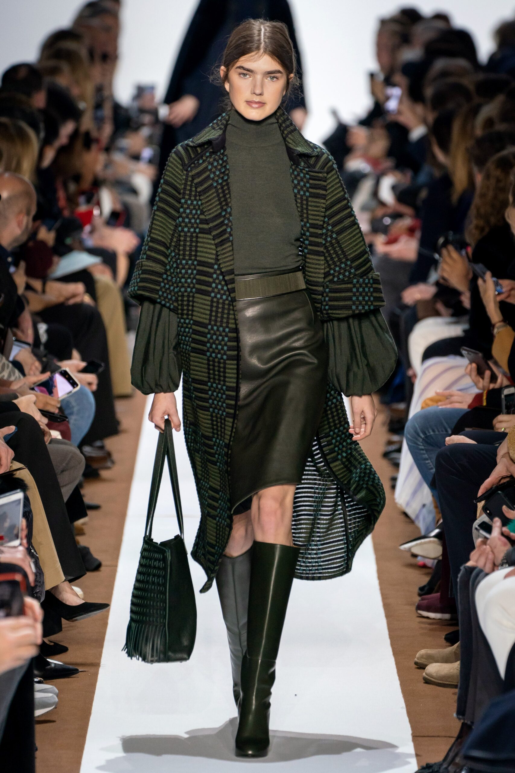 green wool long-sleeve collared relaxed checked layered coat