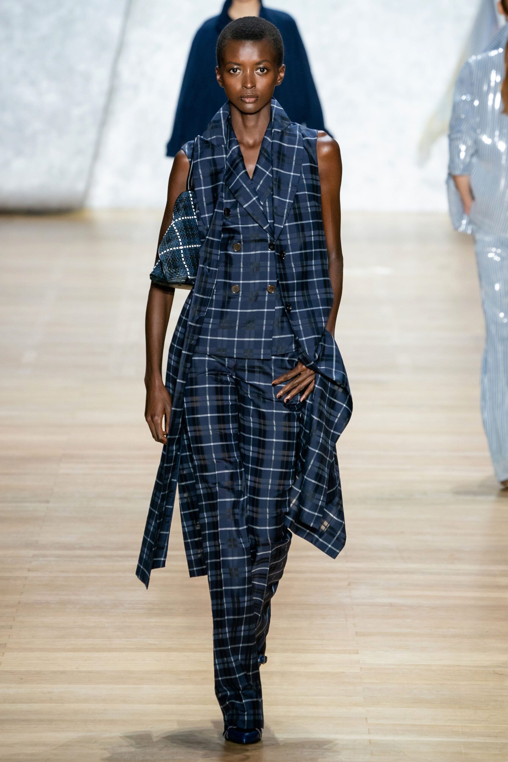 blue checked suit with embellished bag