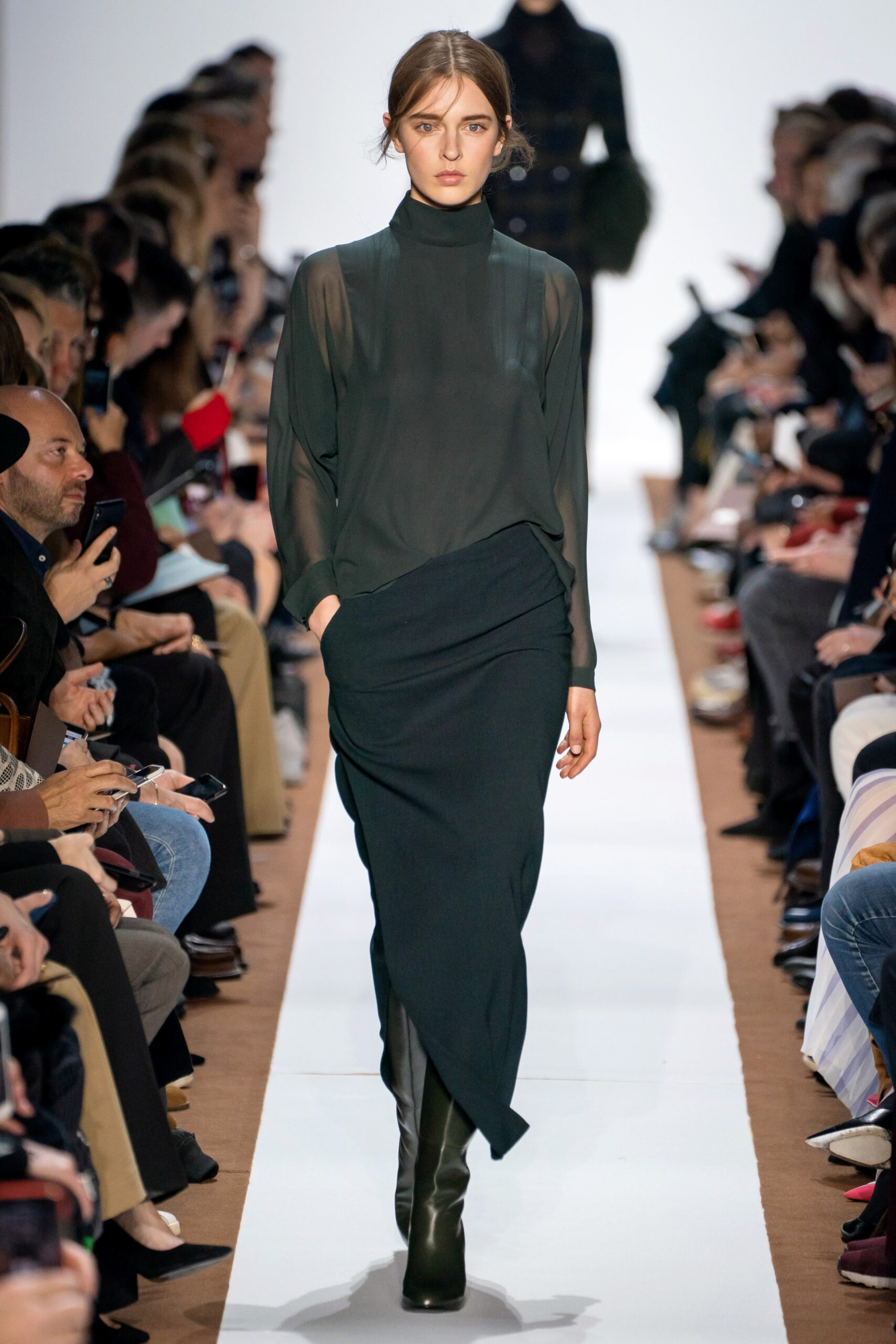 green silk long-sleeve turtleneck fitted draped sheer top