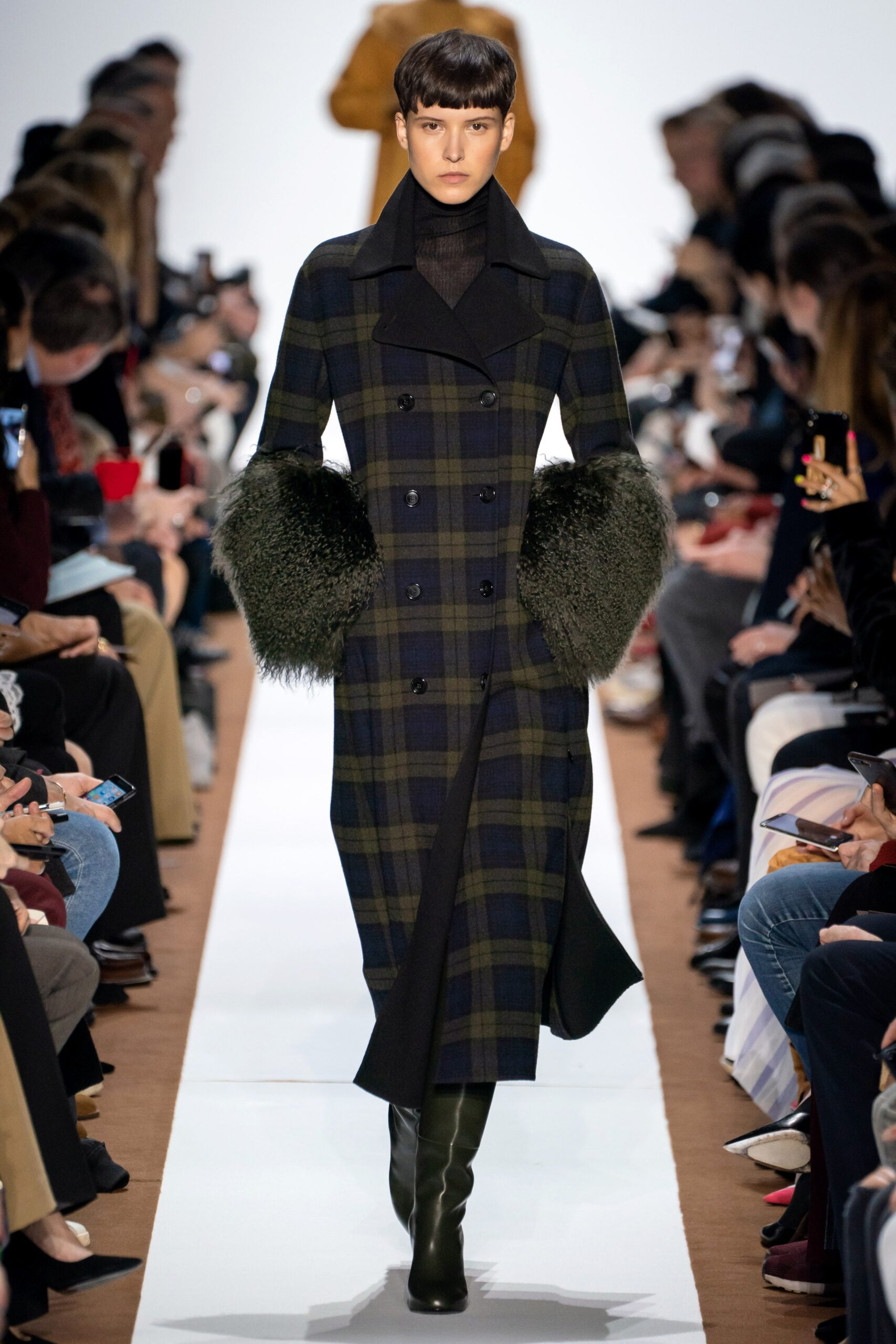 blue green checked coat with boots