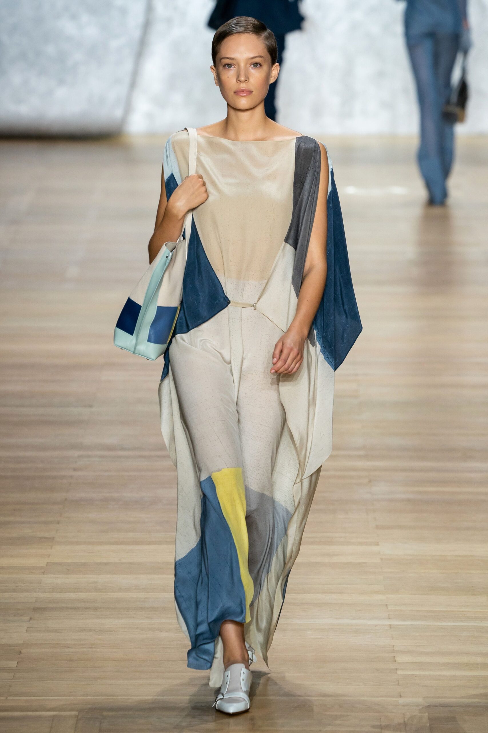 beige blue yellow draped maxi dress