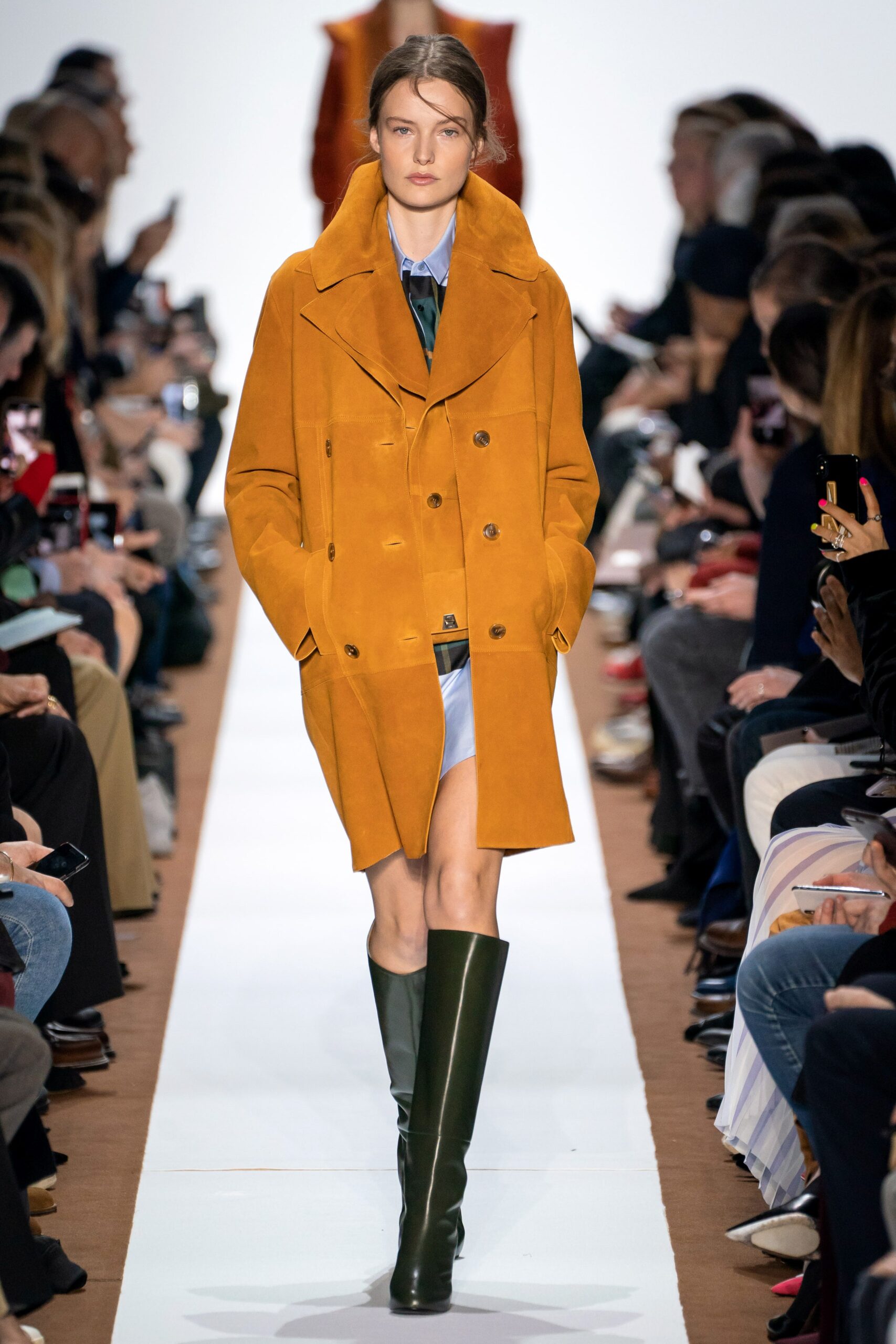 orange suede long-sleeve collared relaxed buttoned coat