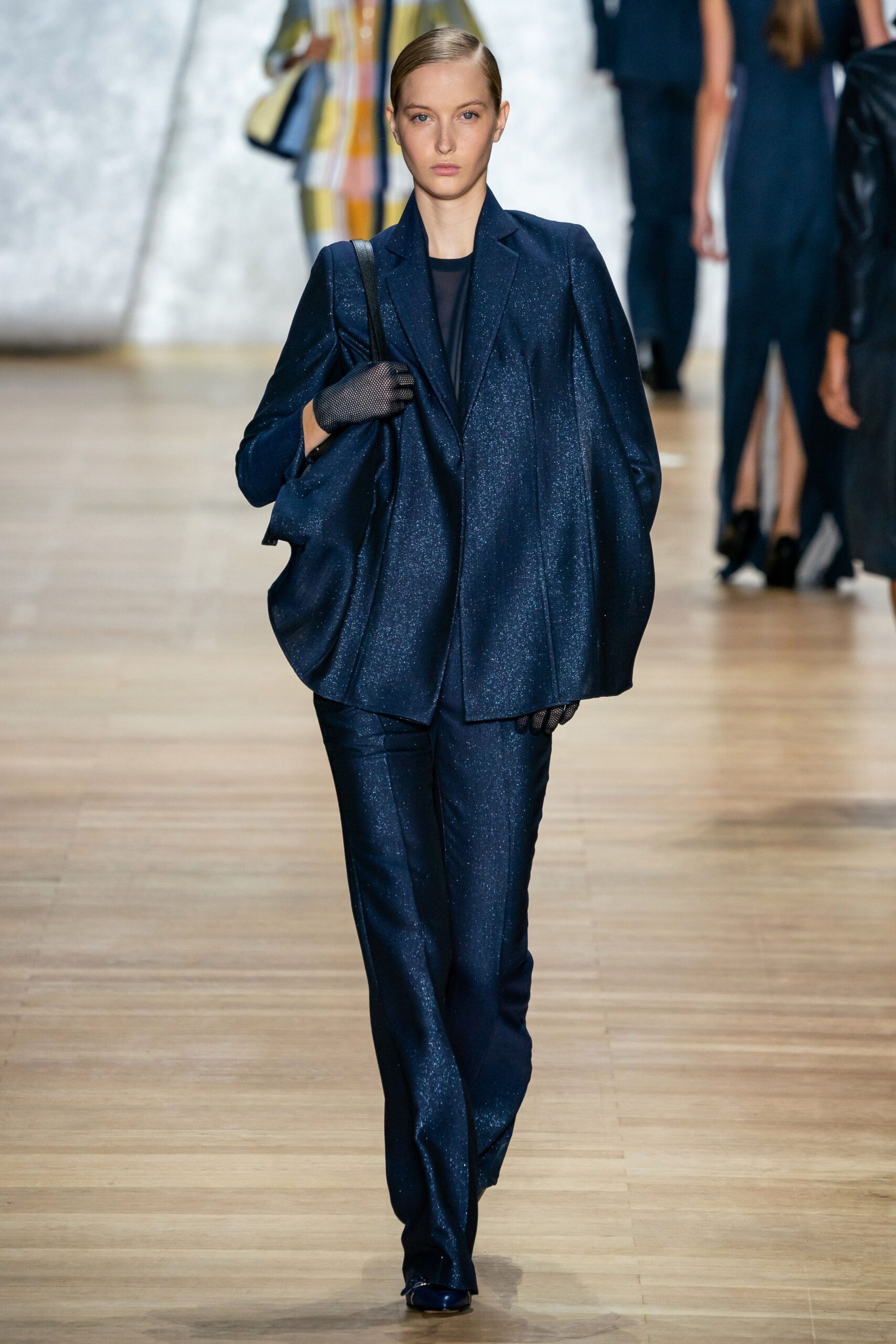 blue tailored silk suit