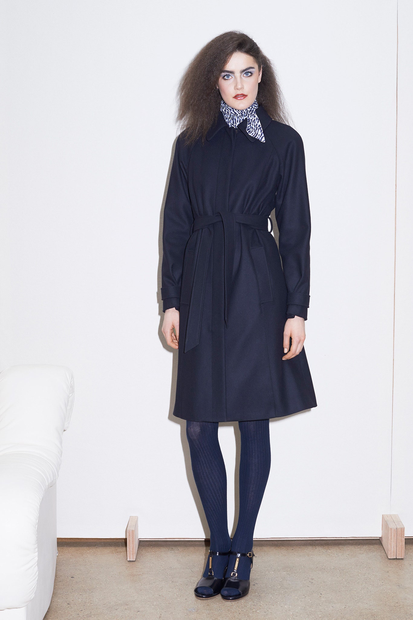 navy belted long-sleeve dress