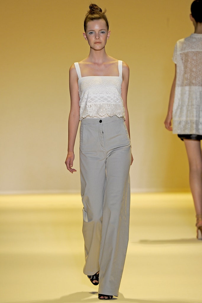 white lace top with beige pants