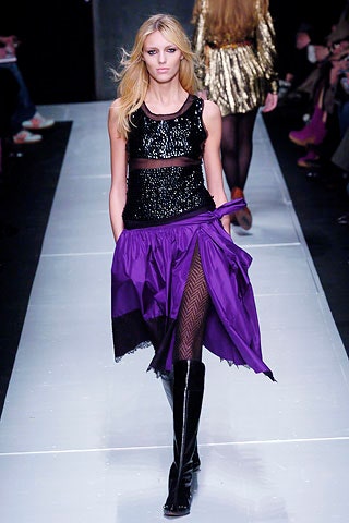 black sequin top purple skirt