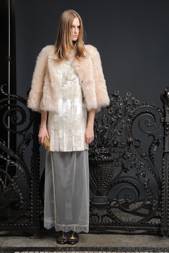 gray silk sleeveless high-neck fitted pleated sheer dress