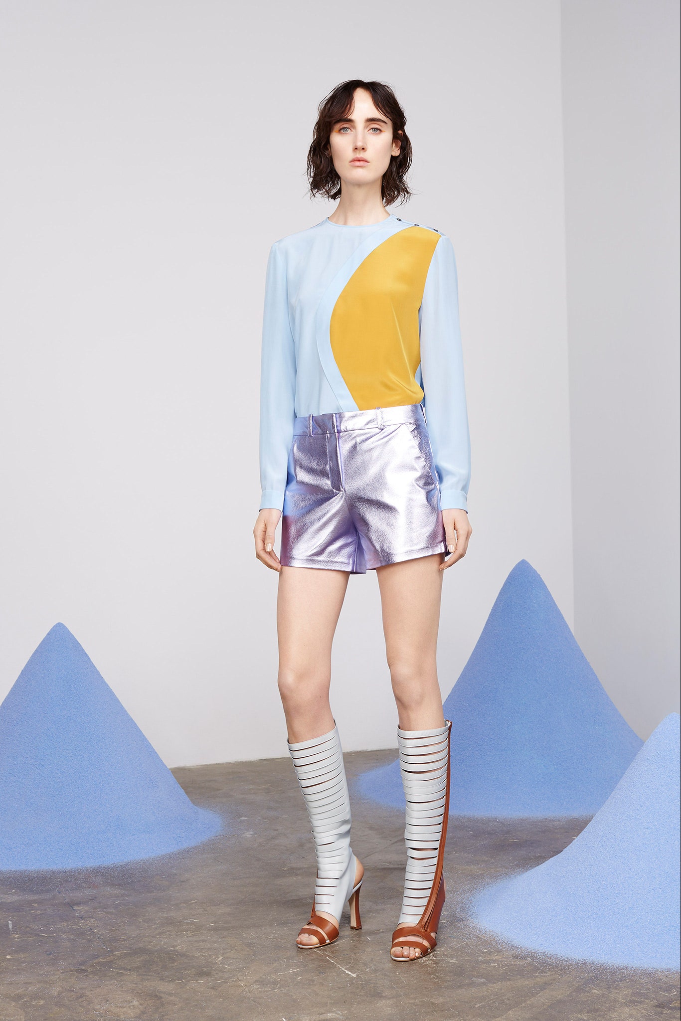 color-blocked silk top with shiny shorts