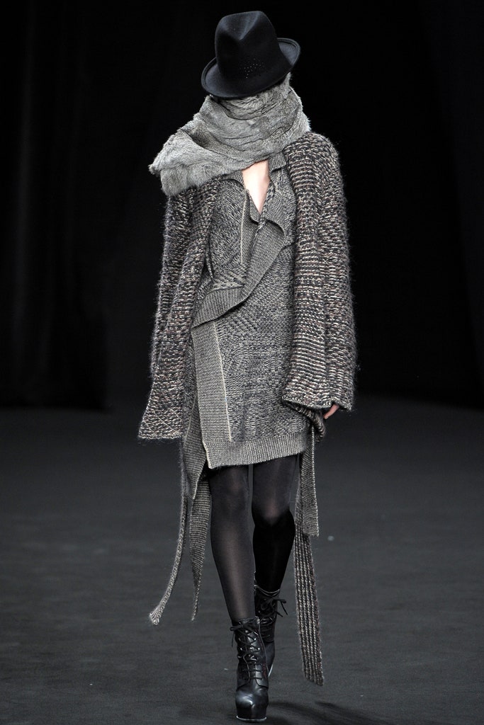 gray knit mini dress with oversized coat