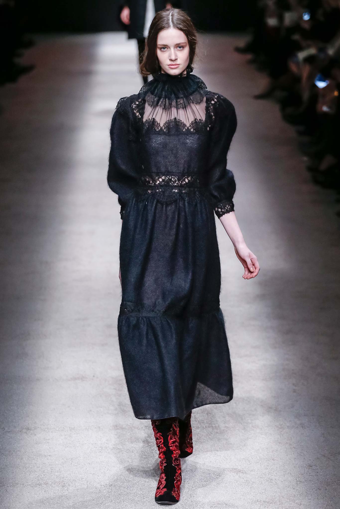 black silk lace midi dress with red boots