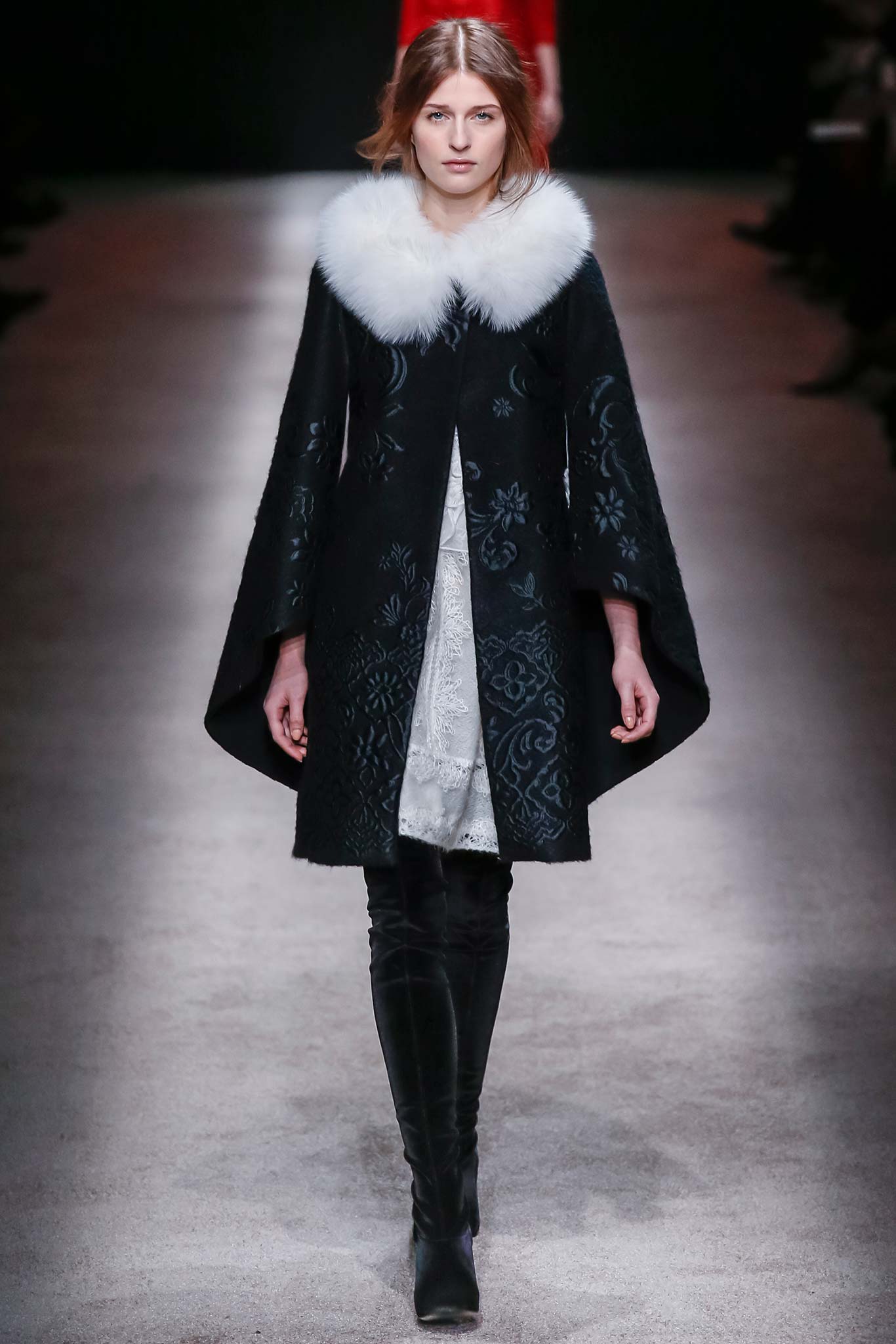 black wool cape with white dress