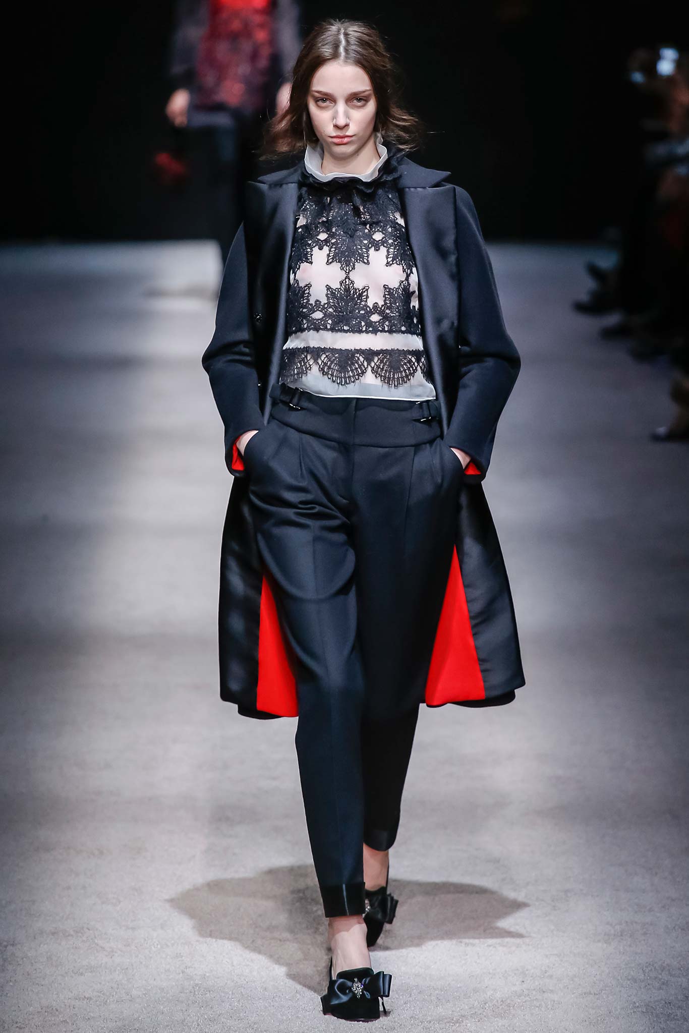 black tailored coat with embroidered top