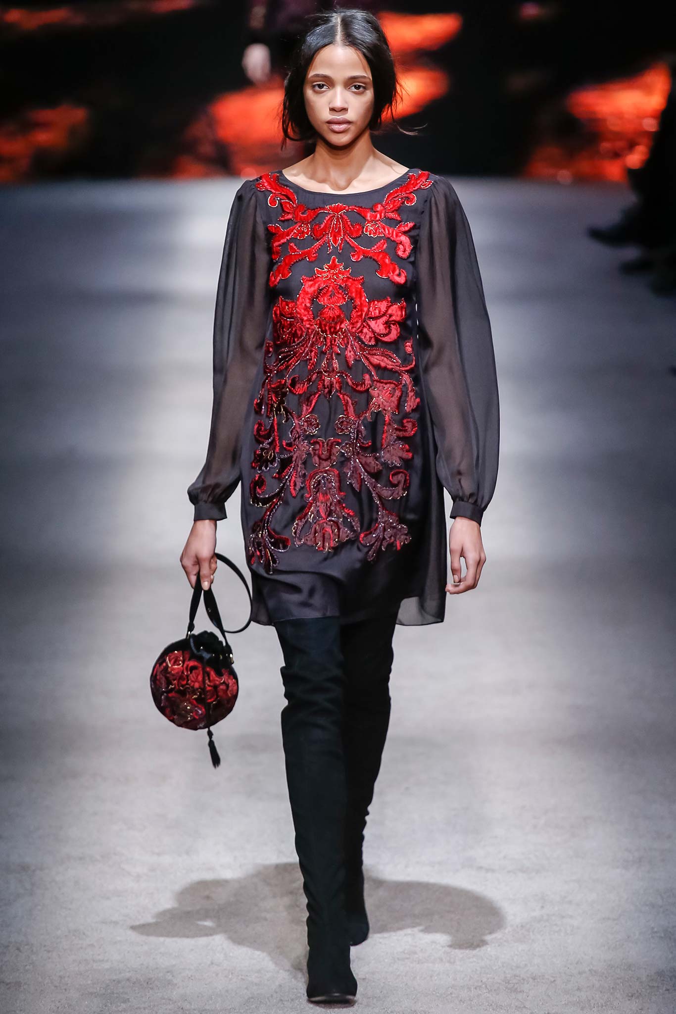 black silk long-sleeve collared fitted embroidered sheer dress