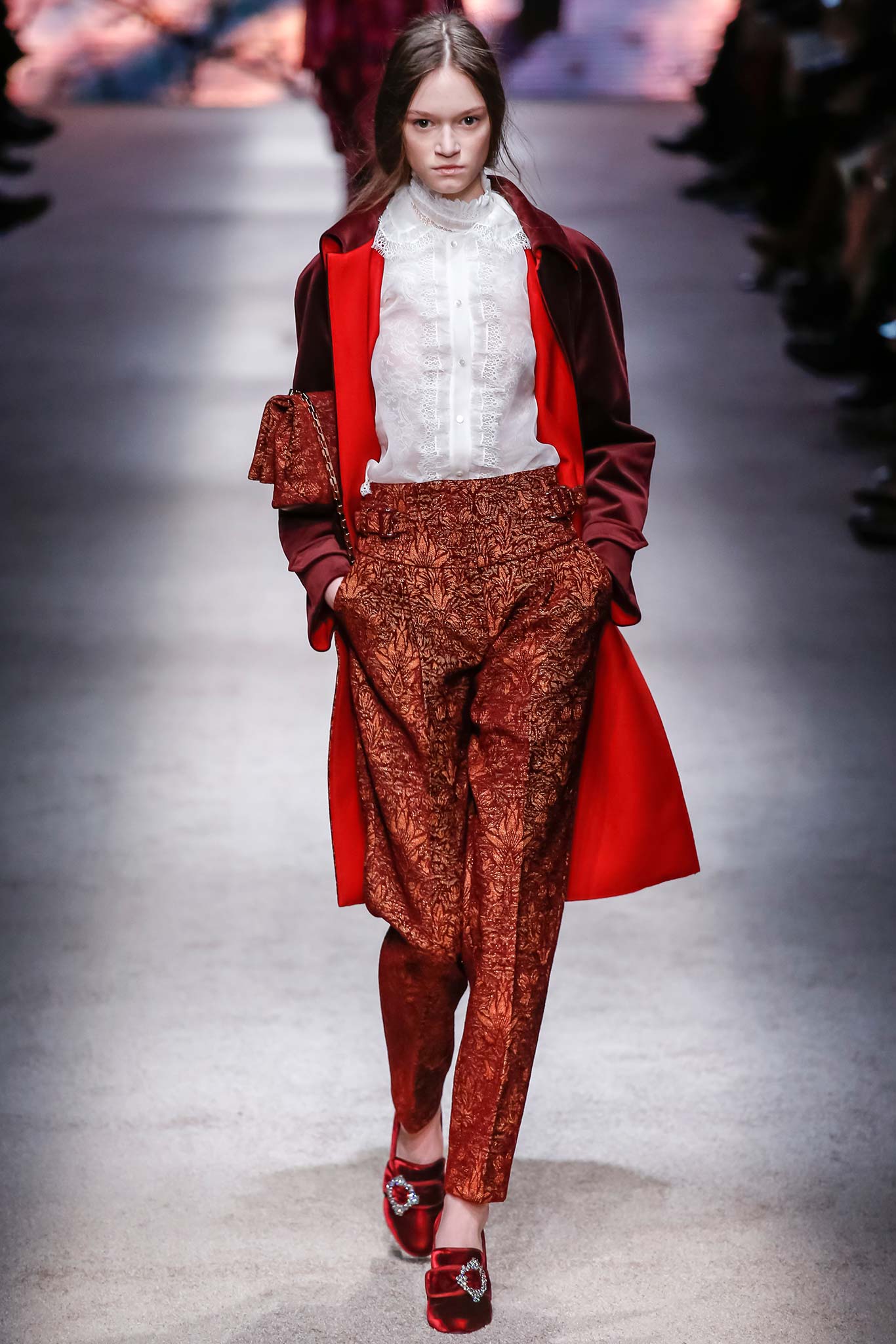 red wool long-sleeve collared structured buttoned coat
