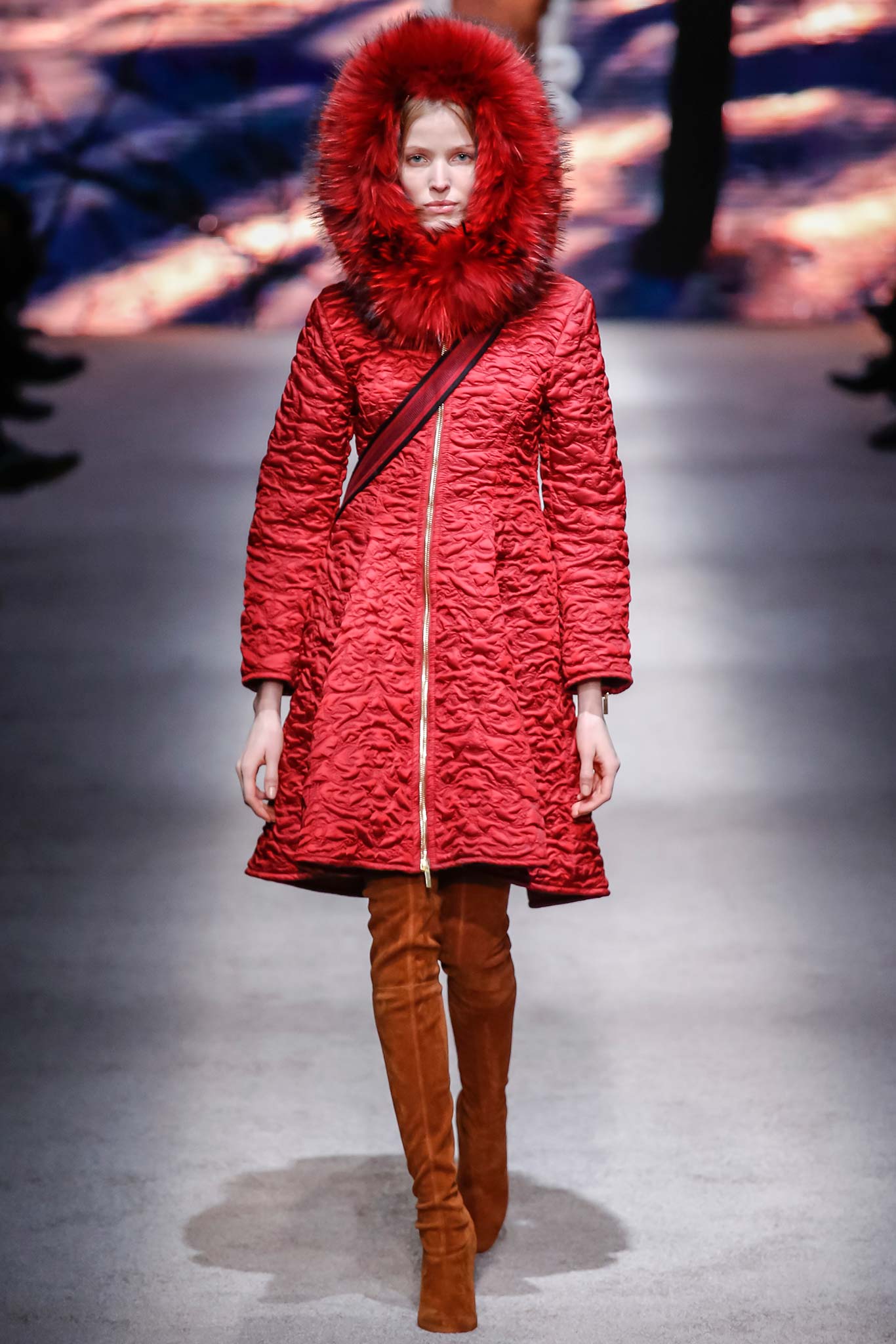 red padded hooded coat with brown boots