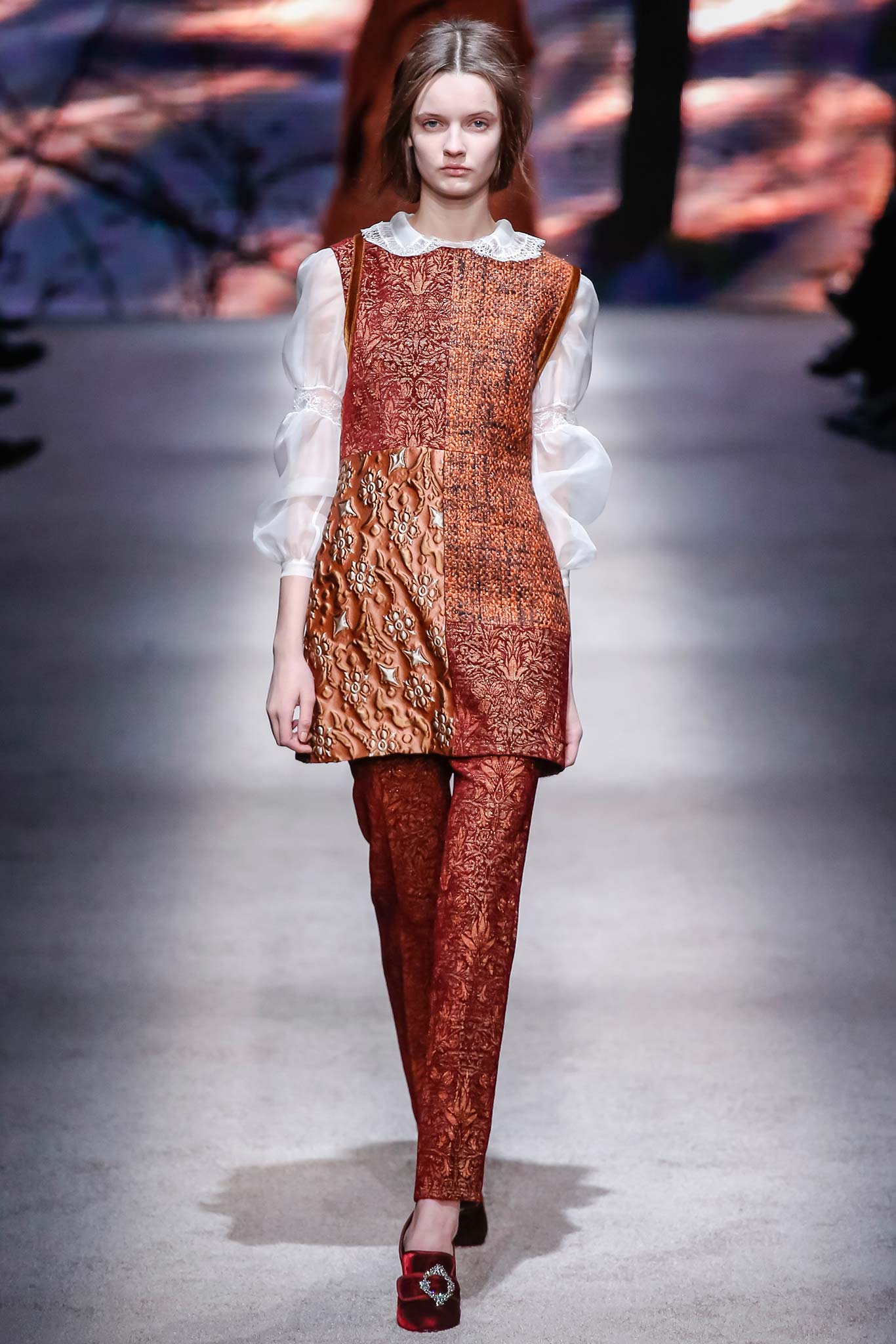 red and brown silk top and pants