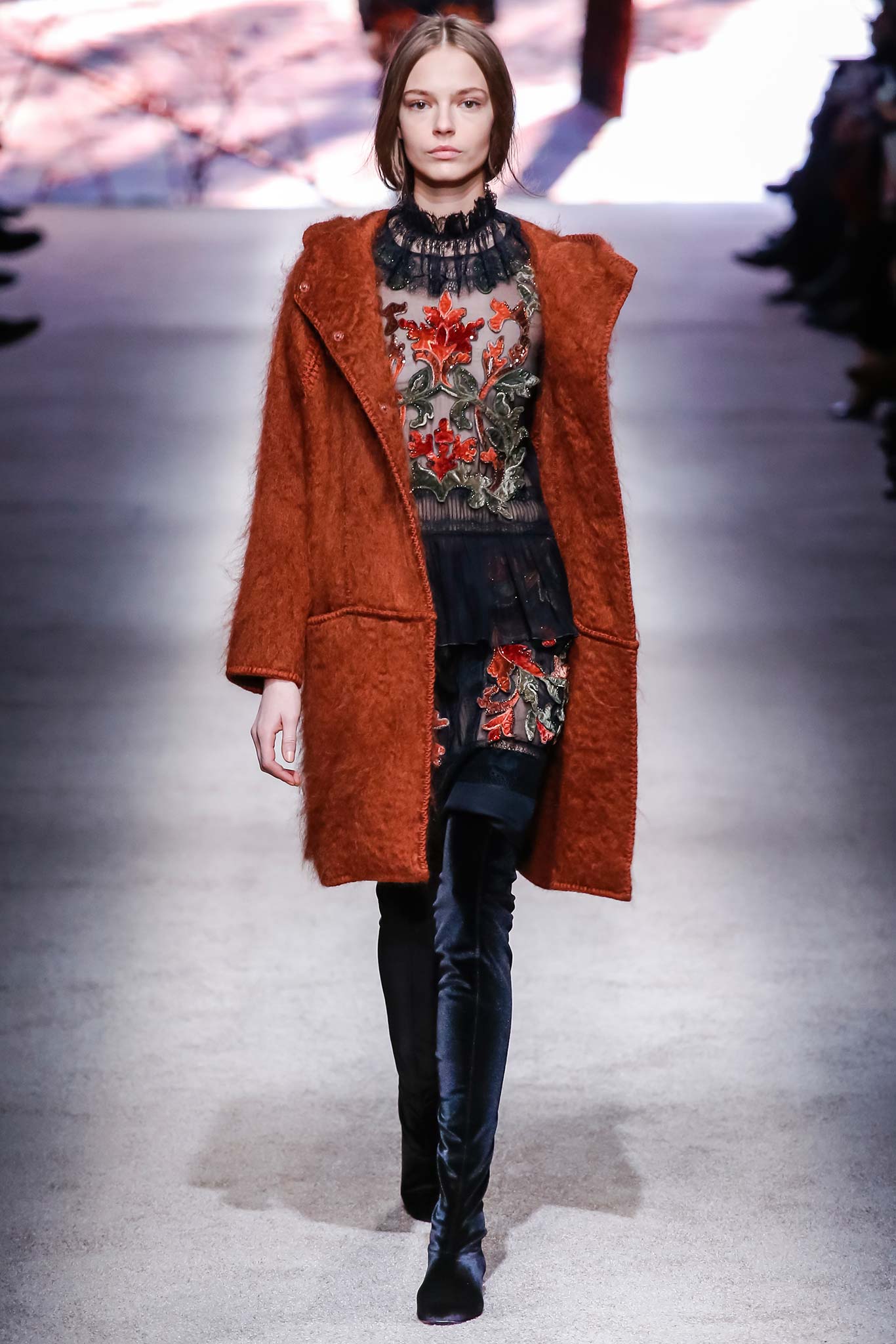 orange wool coat with embroidered dress