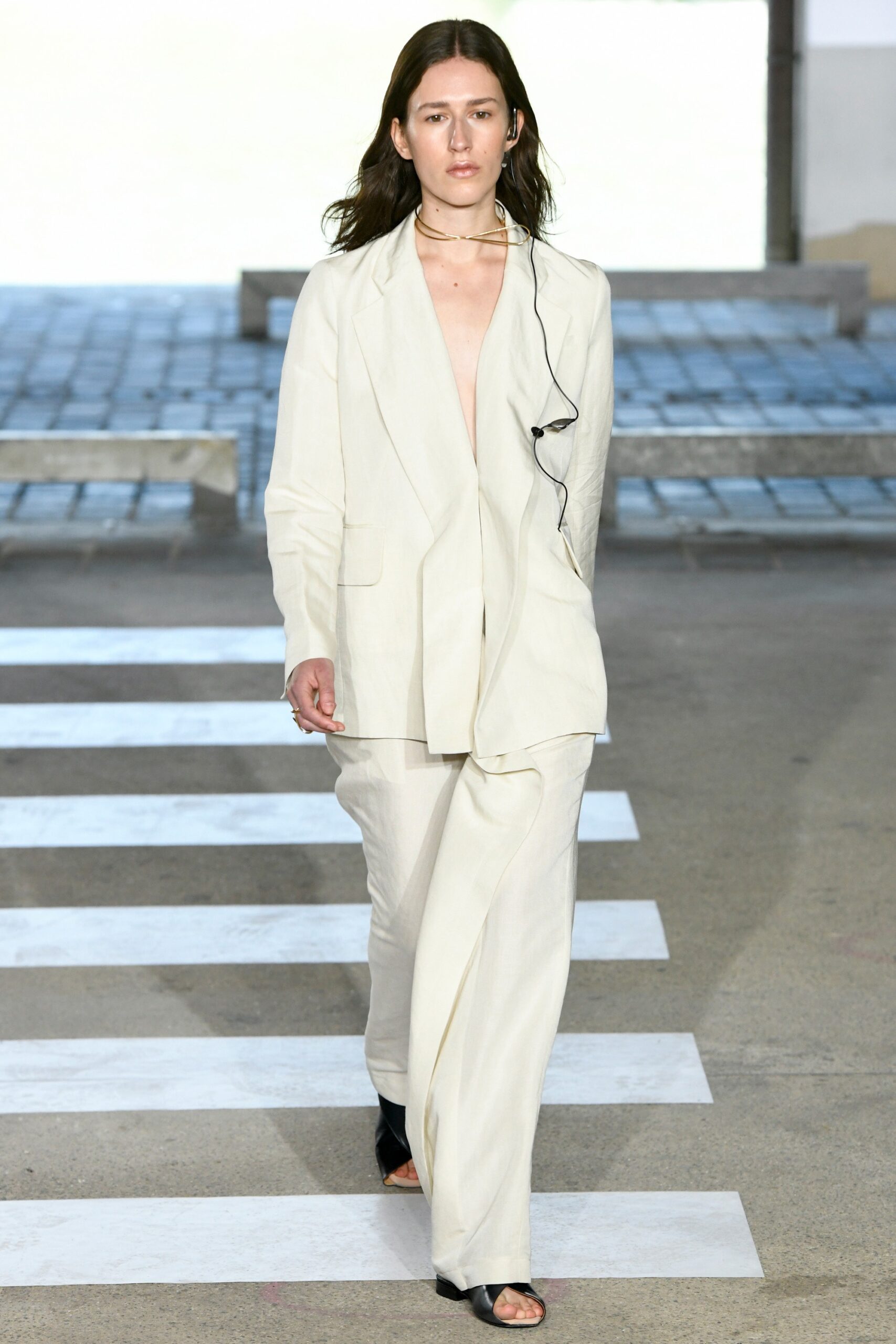 white tailored linen suit