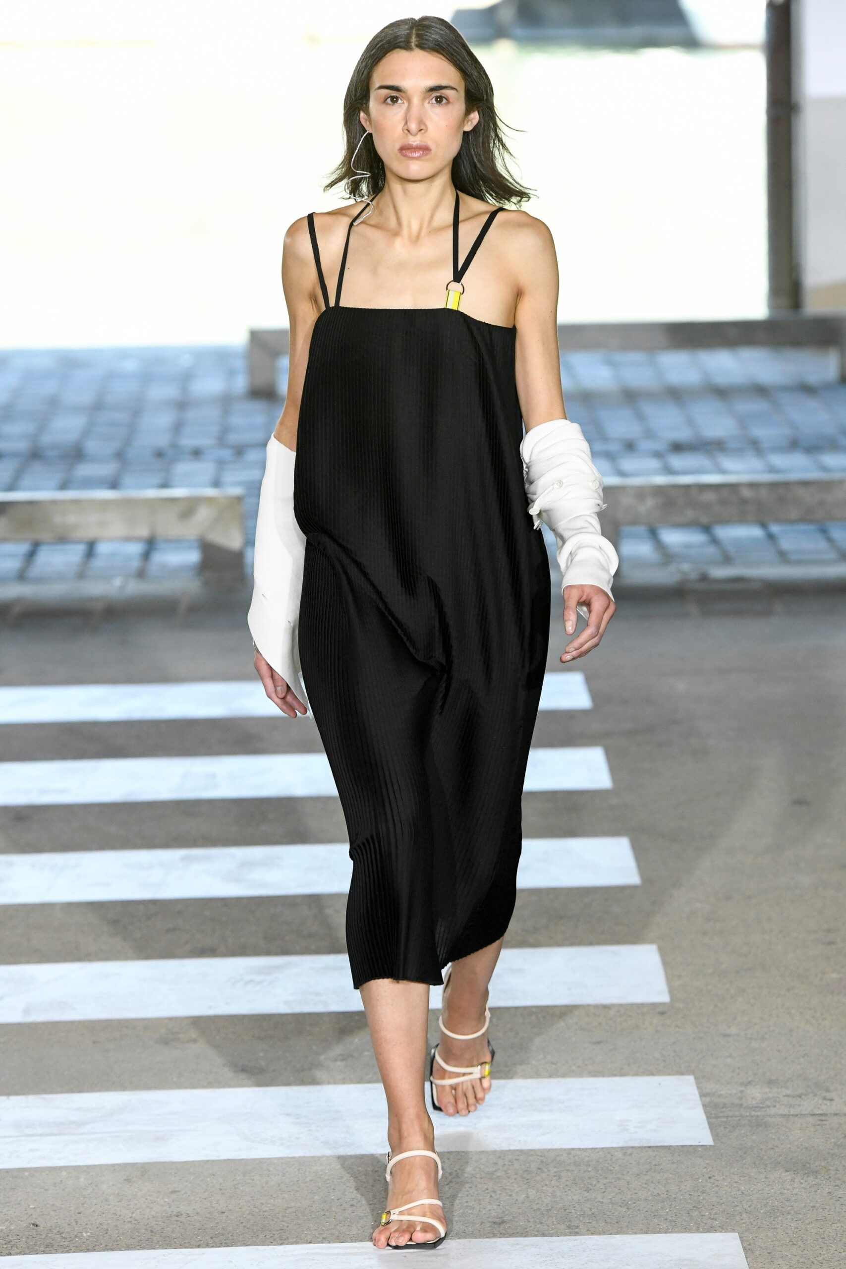 black relaxed midi dress with white jacket
