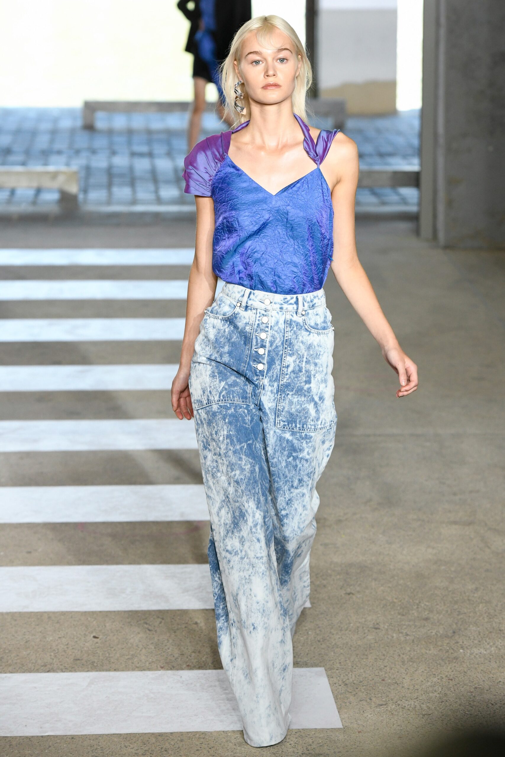 blue silk top and denim skirt