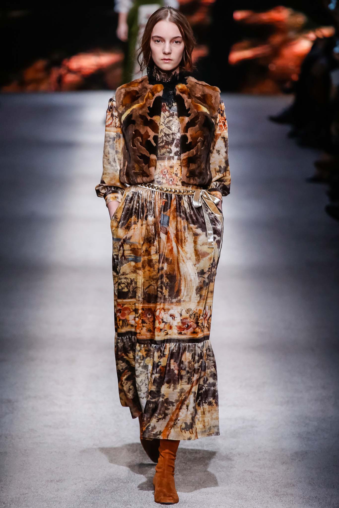 brown silk long-sleeve collared relaxed flared printed dress