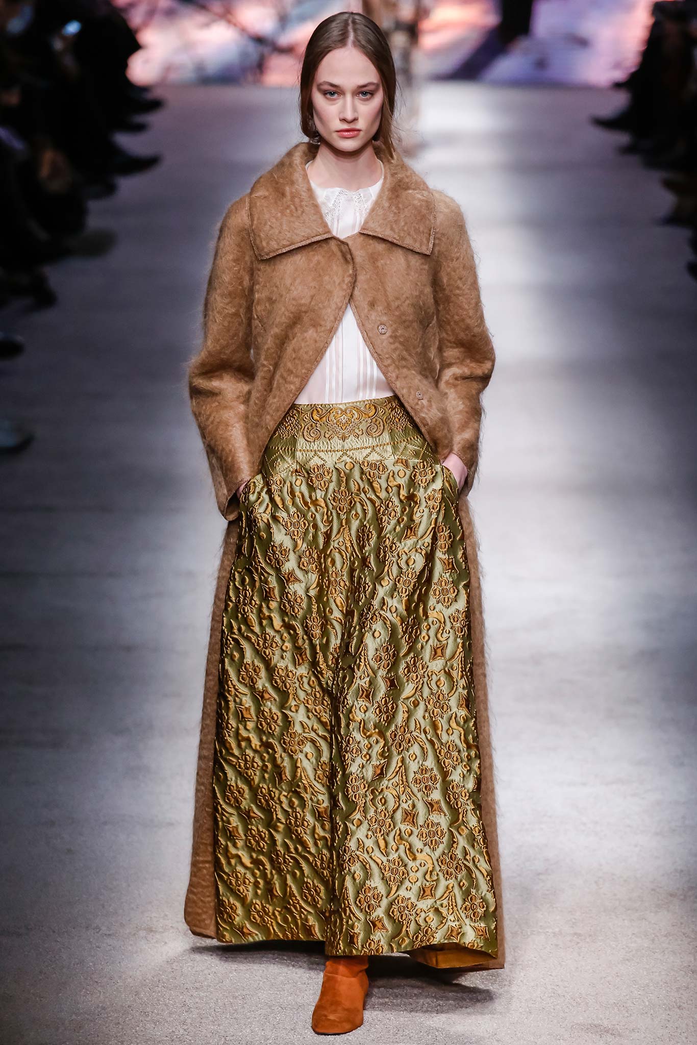 brown wool coat and green skirt