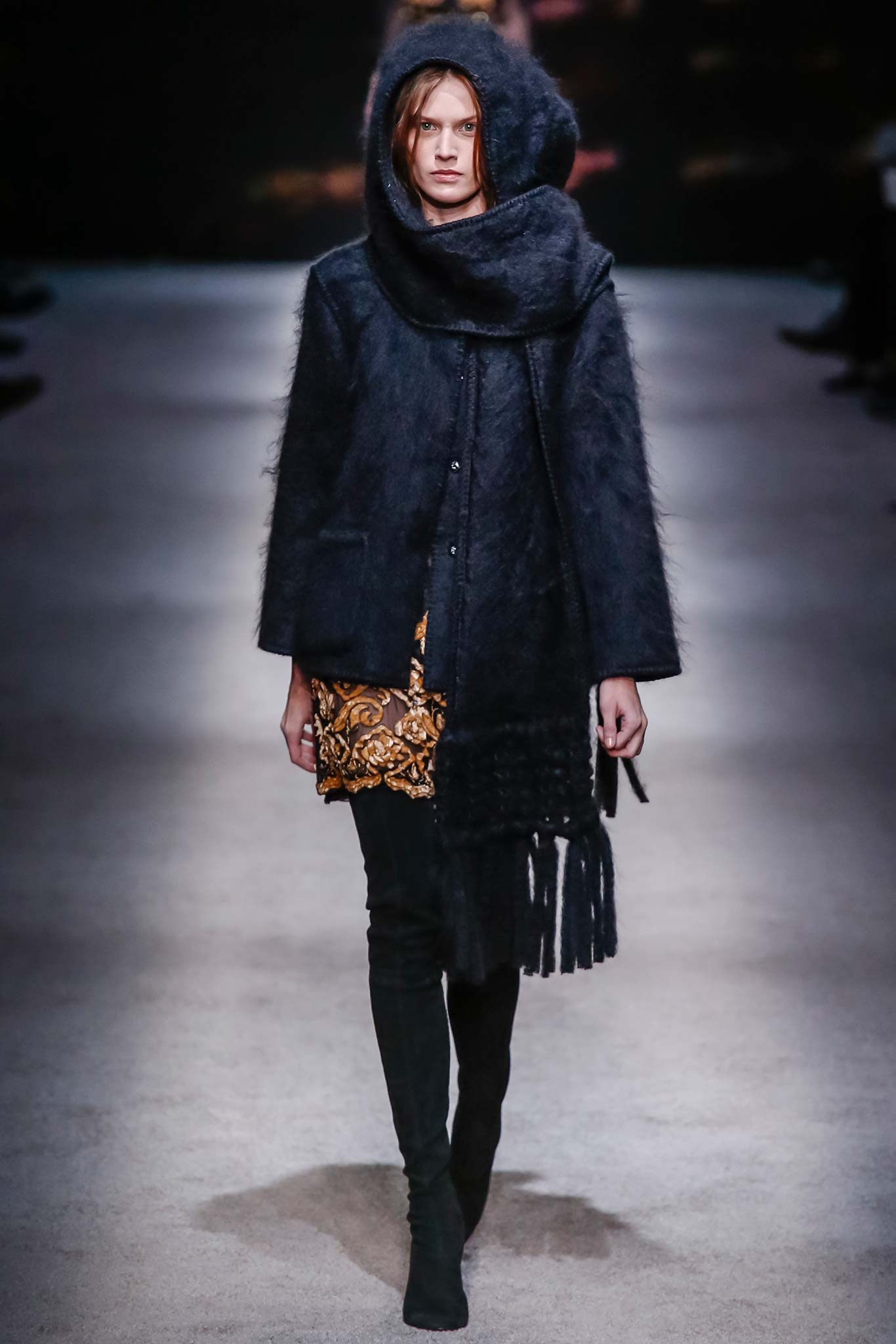 black fur coat with gold dress