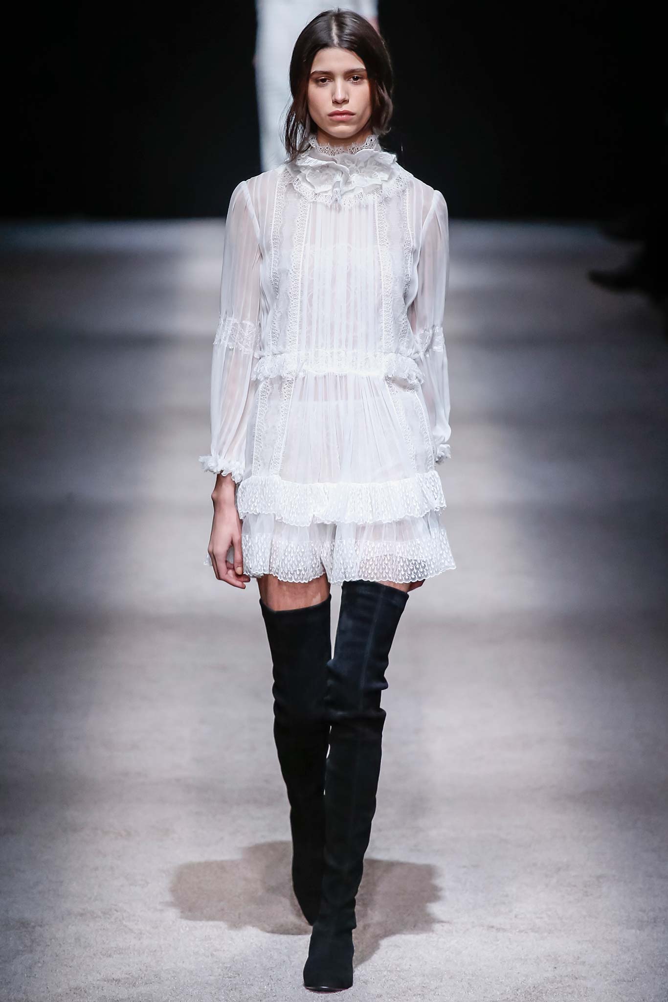 white lace long-sleeve high-neck fitted ruffled tiered dress