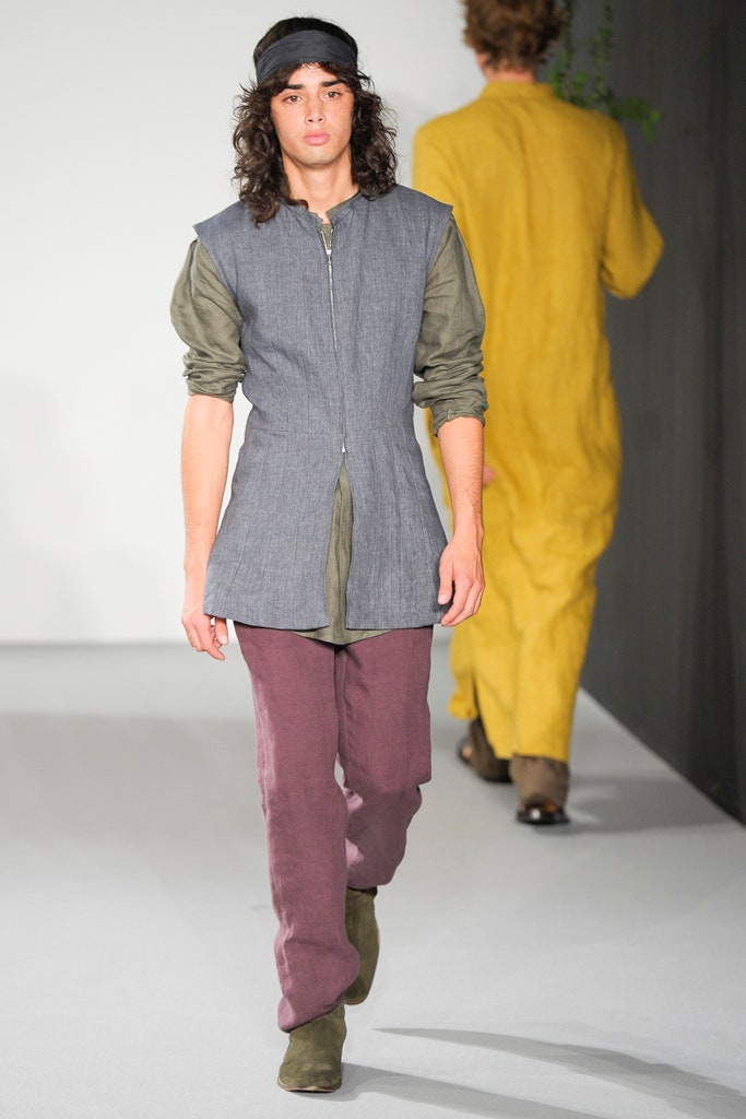 gray fitted jacket with purple pants