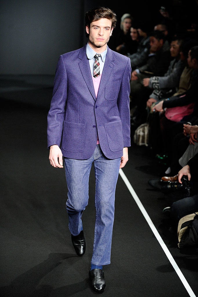 purple cotton long-sleeve collared tailored buttoned blazer