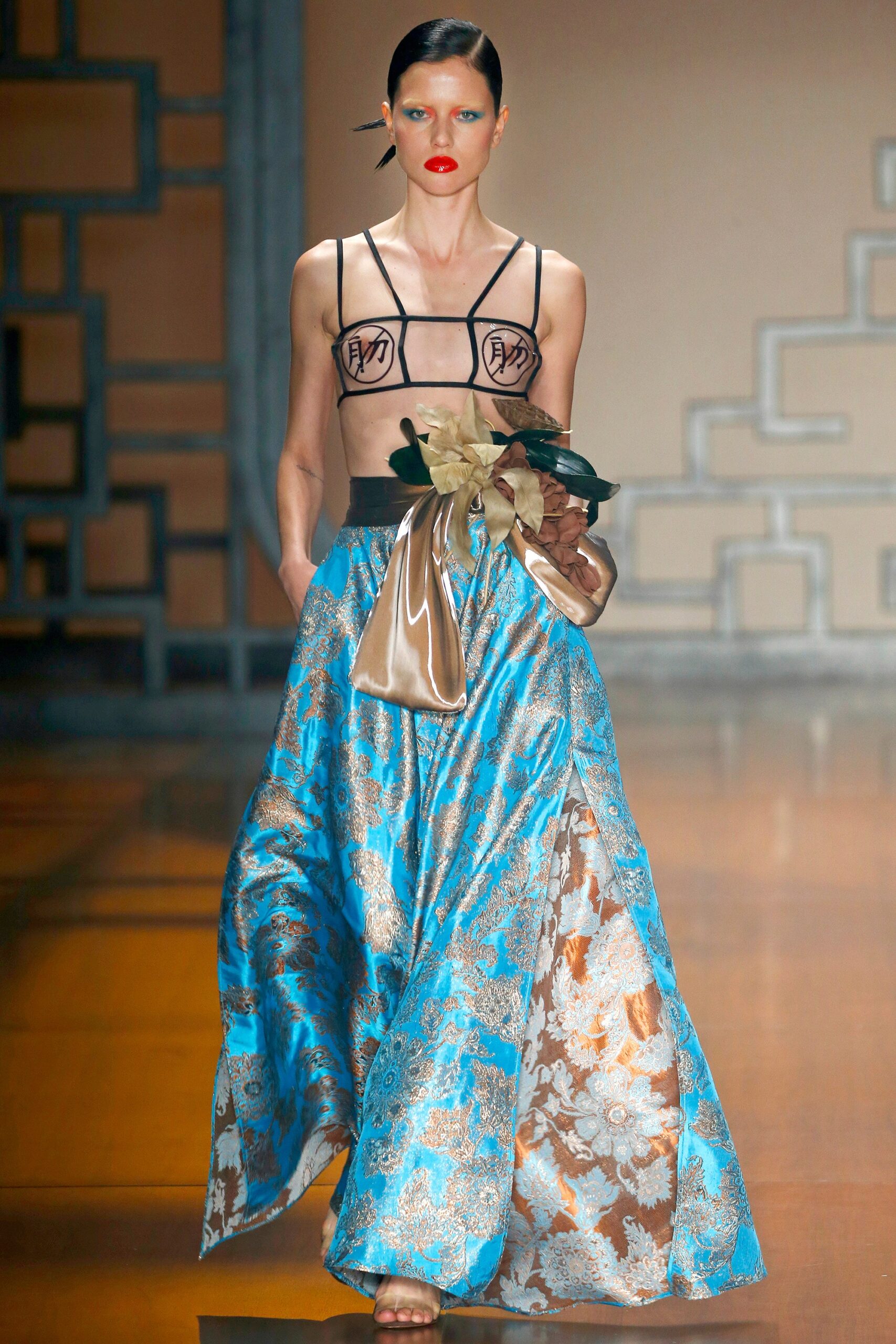 blue silk relaxed flared printed flowing maxi skirt